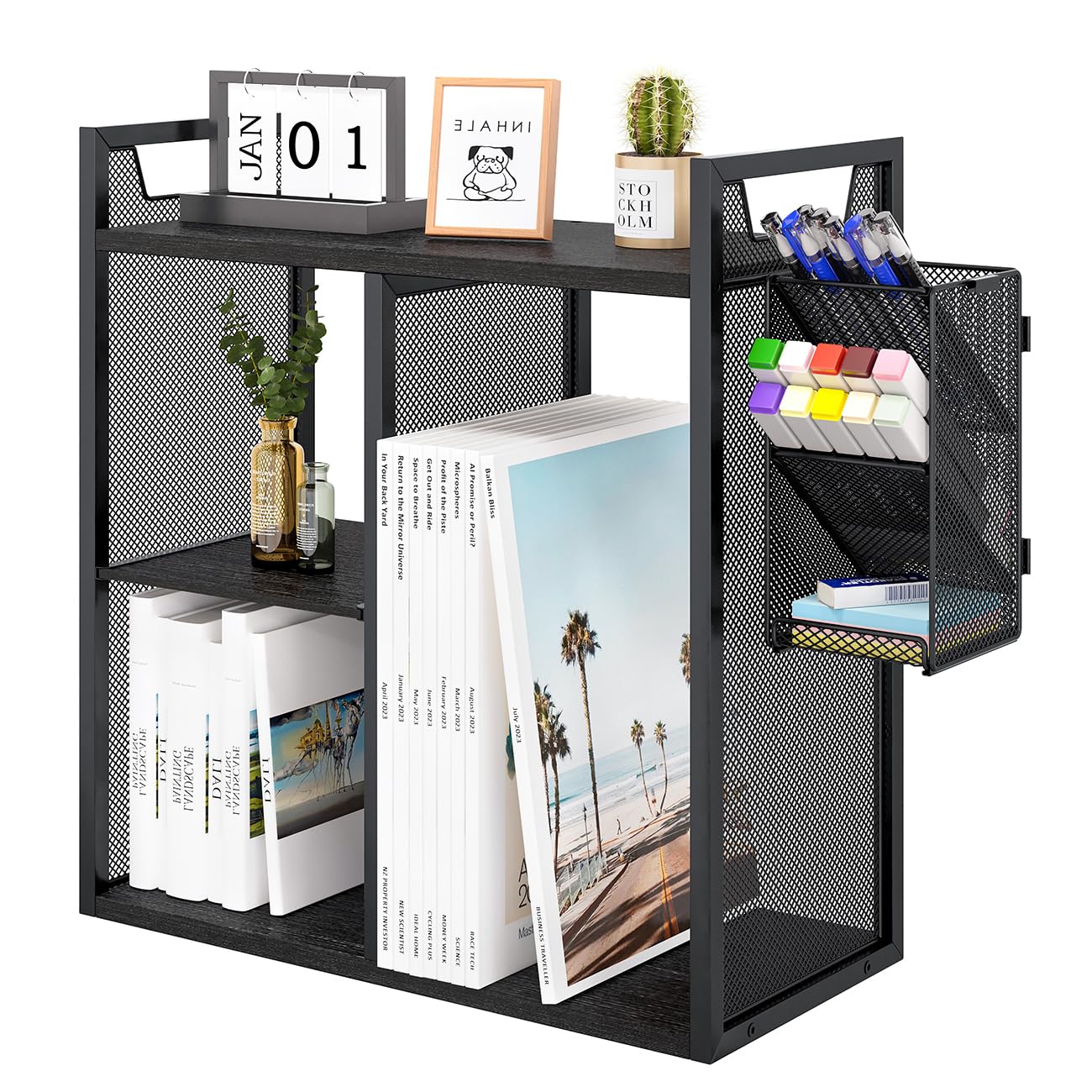 PAG Estantería de escritorio independiente con soporte para lápices, organizadores de suministros de oficina y accesorios de almacenamiento, color negro