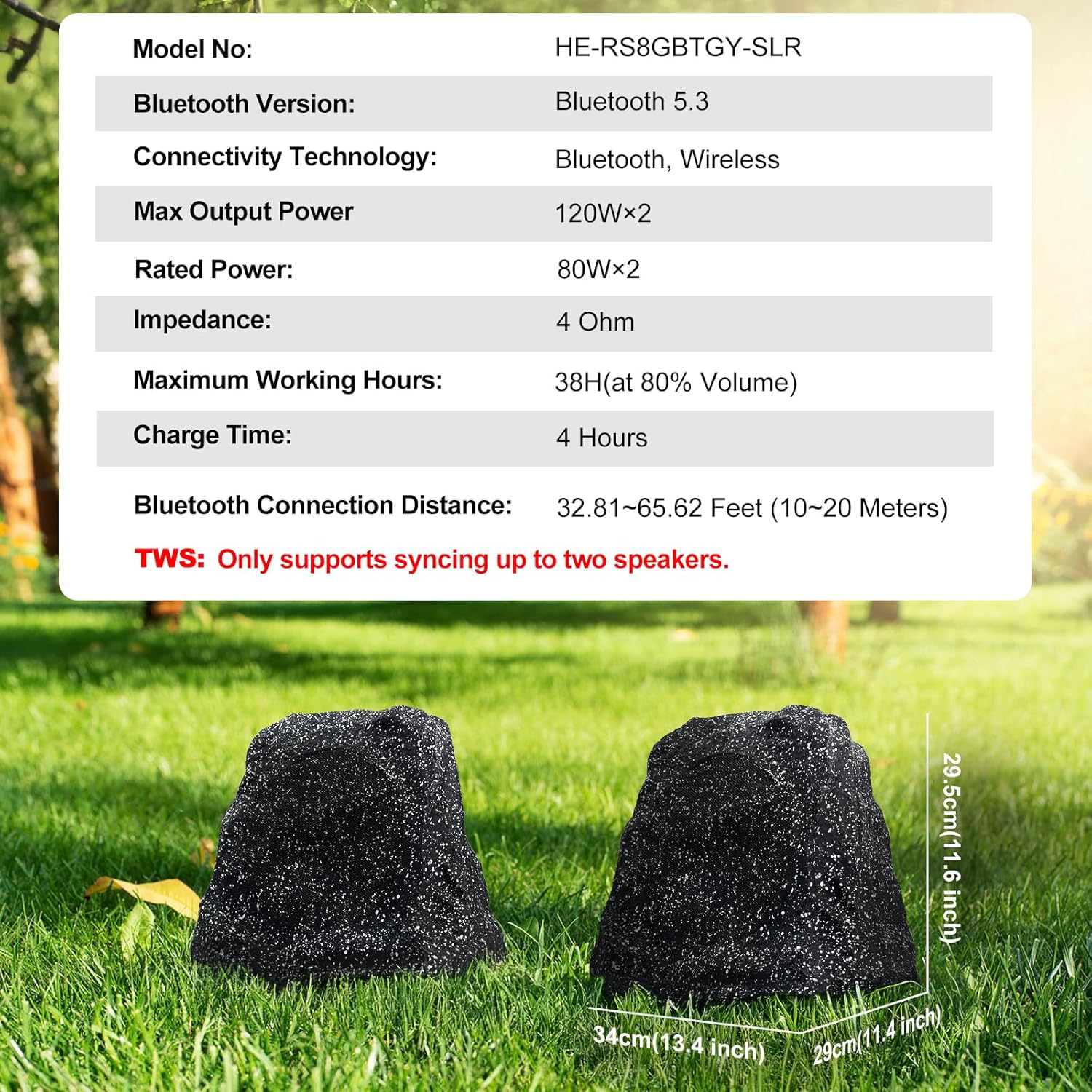 Herdio 8" Rock Bluetooth Speakers Outdoor Waterproof IPX7 Wireless Solar Max 240 Watt, TWS Connection Powered with Rechargeable Battery for Garden Patio Deck Pool Backyard（Black，1Pair） - Image 2