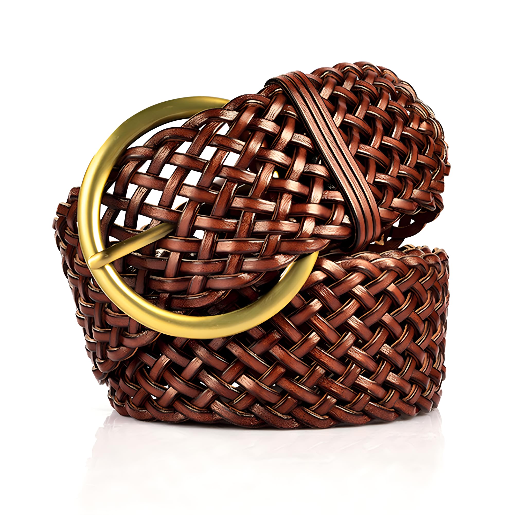 AOYEBOME 2 Inch Wide Leather Braided Belt for Women Hand Made Soft Woven Waistbands with Gold Round Pin Buckle, Brown