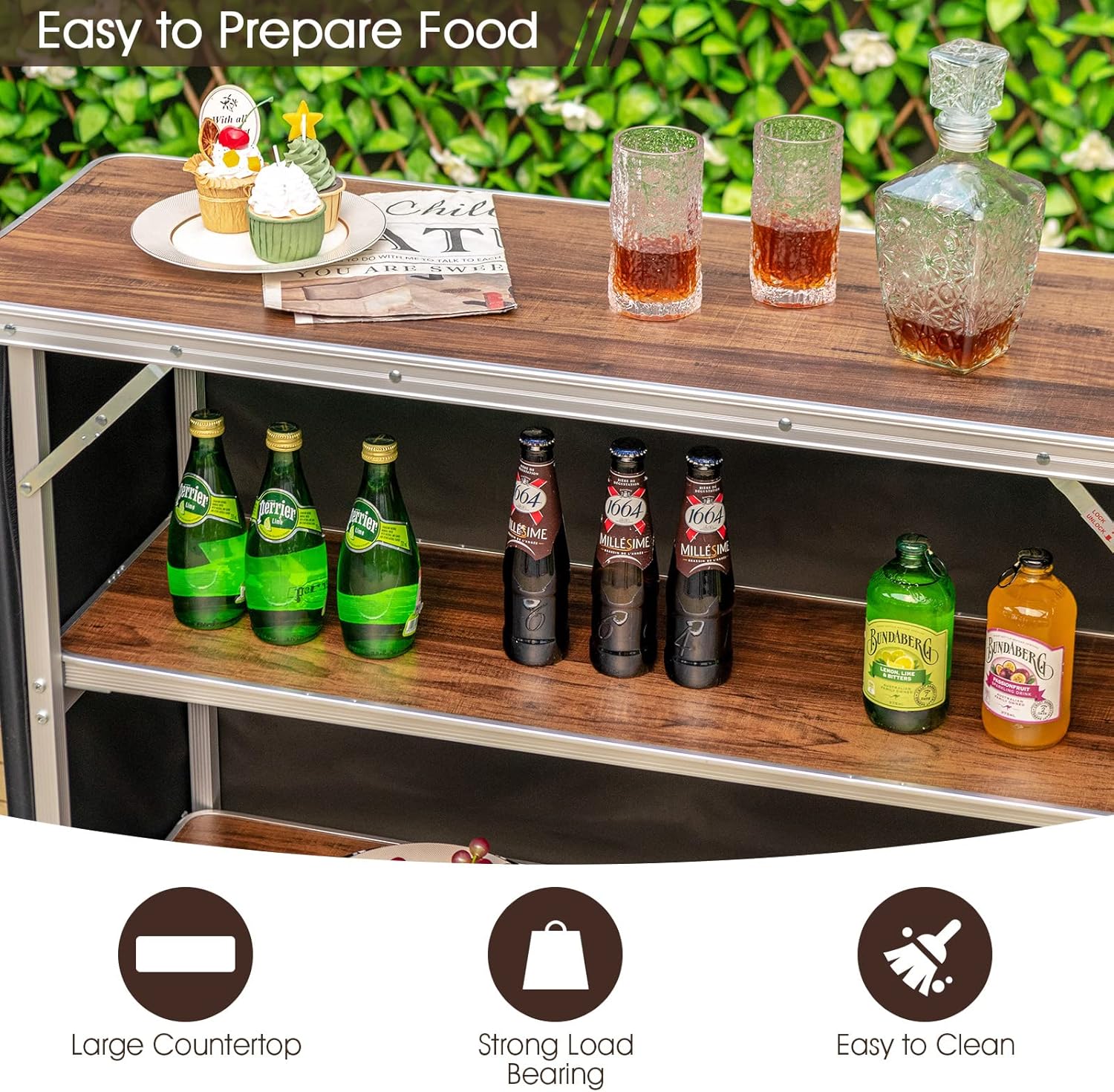 HAPPYGRILL Folding Camping Table with Storage, Aluminum Picnic Table with 2-Tier Shelves, Large Tabletop, Carry Bag, Removable Cloth Cover, Outdoor Lightweight Dining Camp Table for Picnic BBQ Party