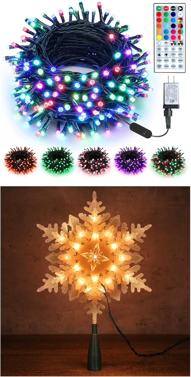 Brizled (Bundles) 200 LED RGB Color Changing Christmas Lights + 9.25in Snowflake Christmas Tree Topper for Christmas Tree Party Home Indoor Outdoor Decorations