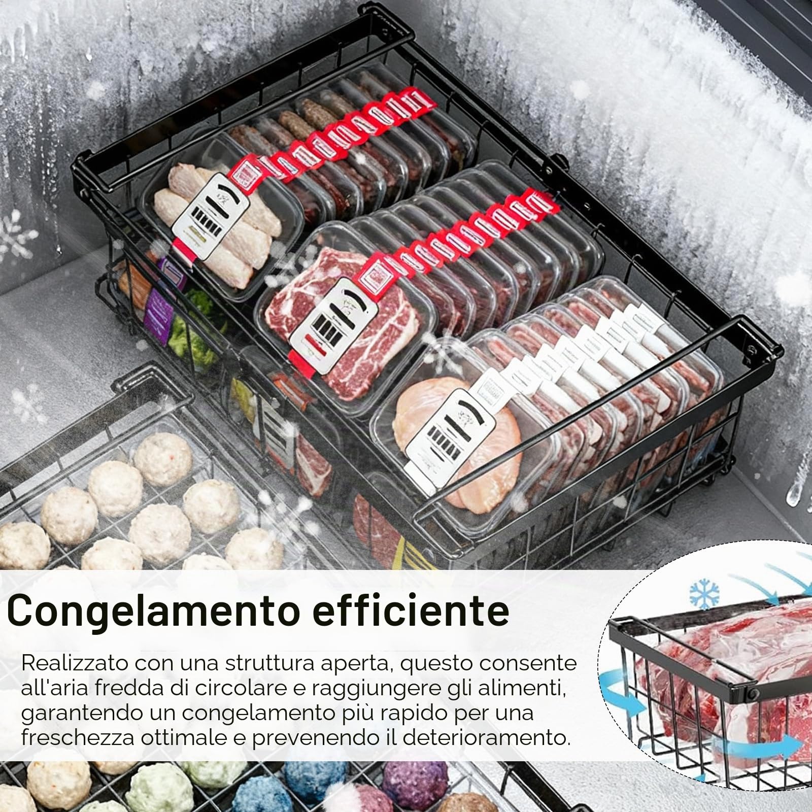 2 Pezzi Cestini Congelatore Espandibili, Organizzatore per Congelatore Impilabili con Maniglia, Cestini Congelatores in Metallo per 140L a 570L Congelatores, Organizzare Gli Ingredienti Congelati