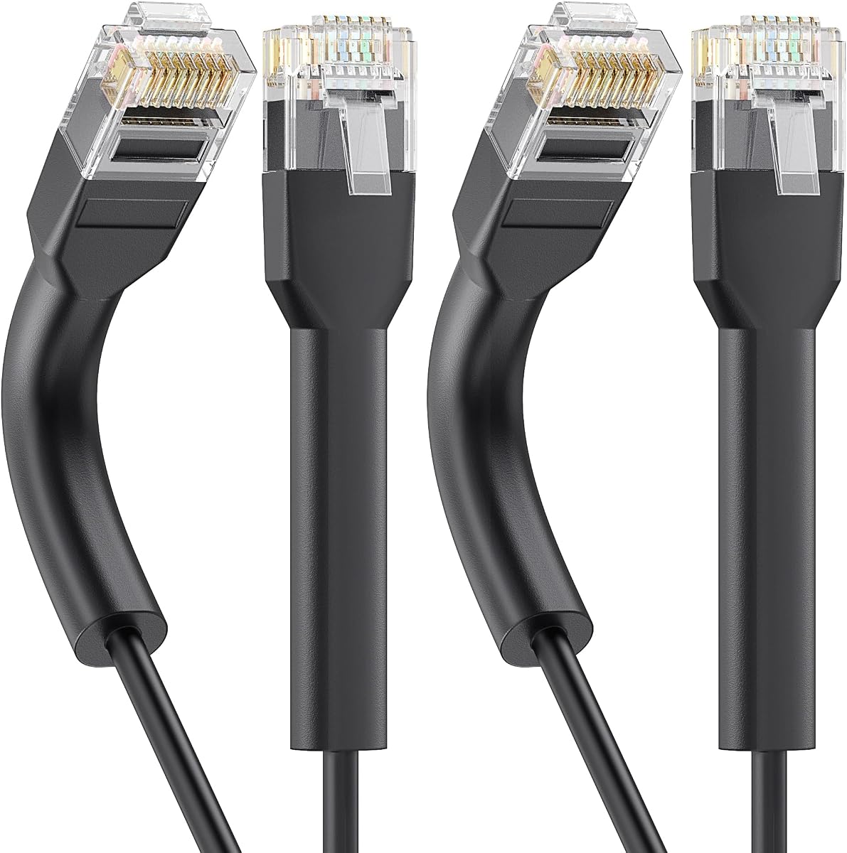 Cable Matters Paquete de 2 cables Ethernet Cat6a delgados con fundas flexibles, 5 pies | 10 Gbps, 550 MHz, cobre desnudo 30 AWG, UTP, soporte PoE++, botas flexibles ajustables hasta 90 grados, negro