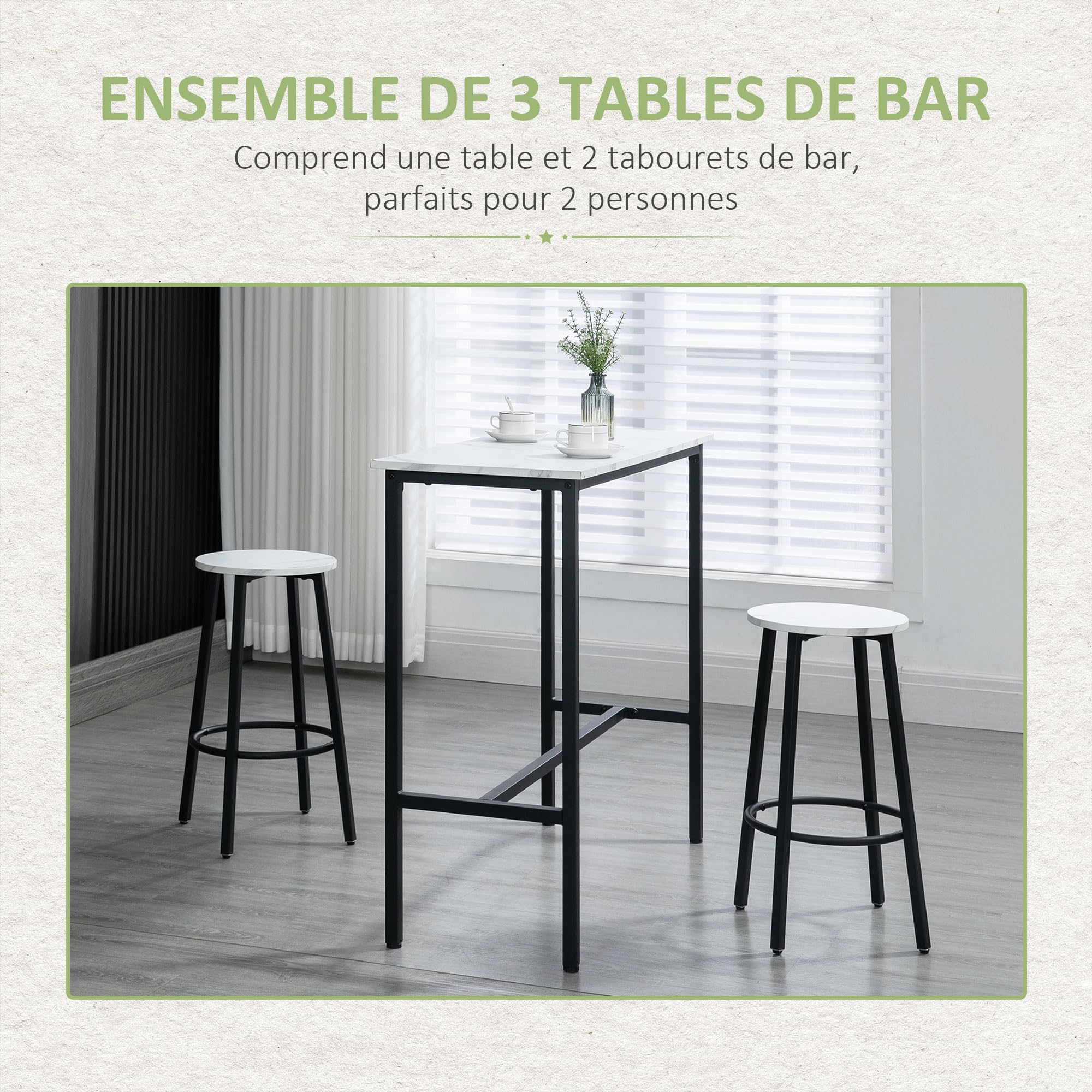 HOMCOM Set Table de Bar + 2 tabourets en Acier Plateau Aspect marbre 2 Personnes Blanc