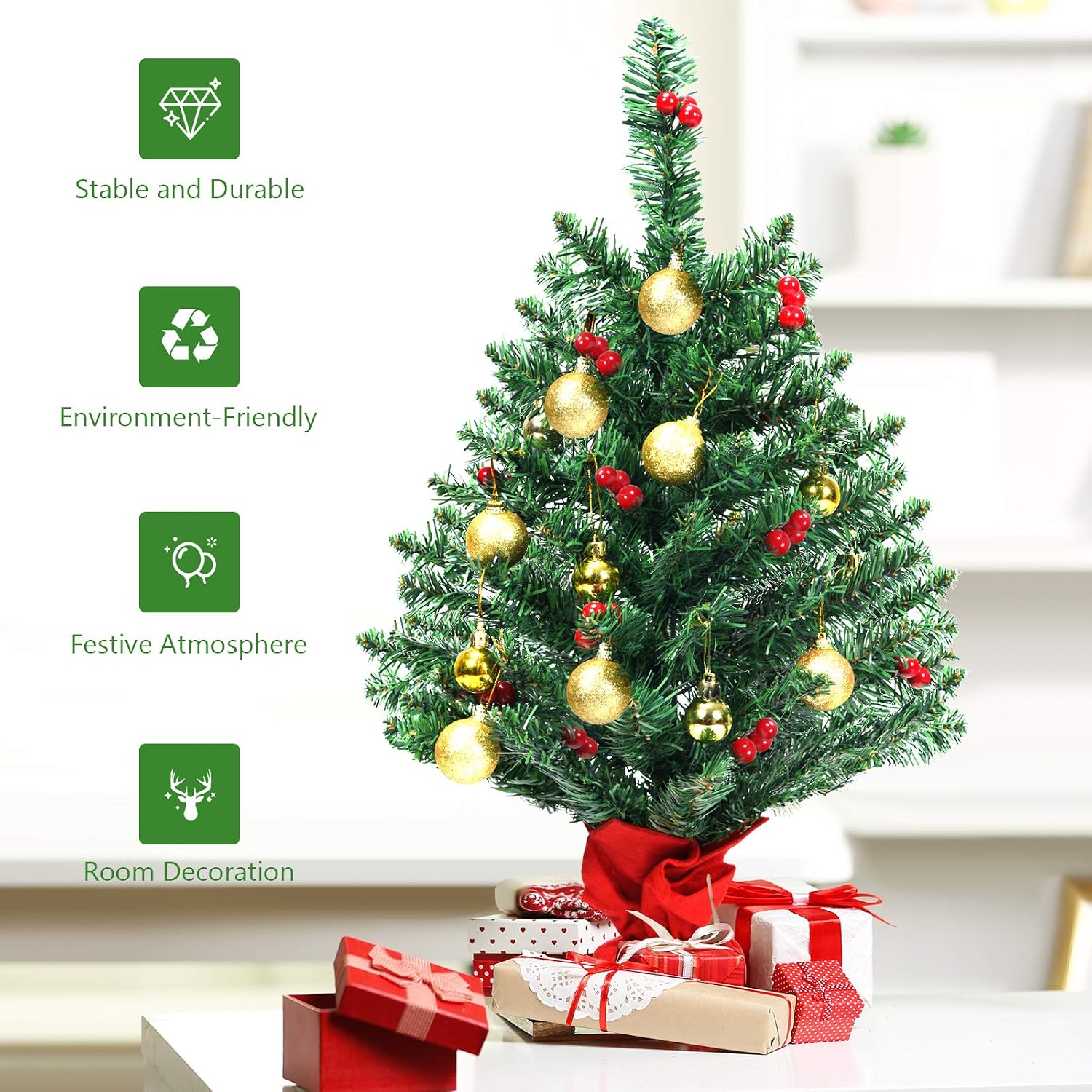 Goplus 2ft Artificial Christmas Tree, Battery Operated Mini Xmas Tree with 15 Warm White LED Lights, Golden Ornaments, Red Berries, Stable Cement Base for Indoor Use