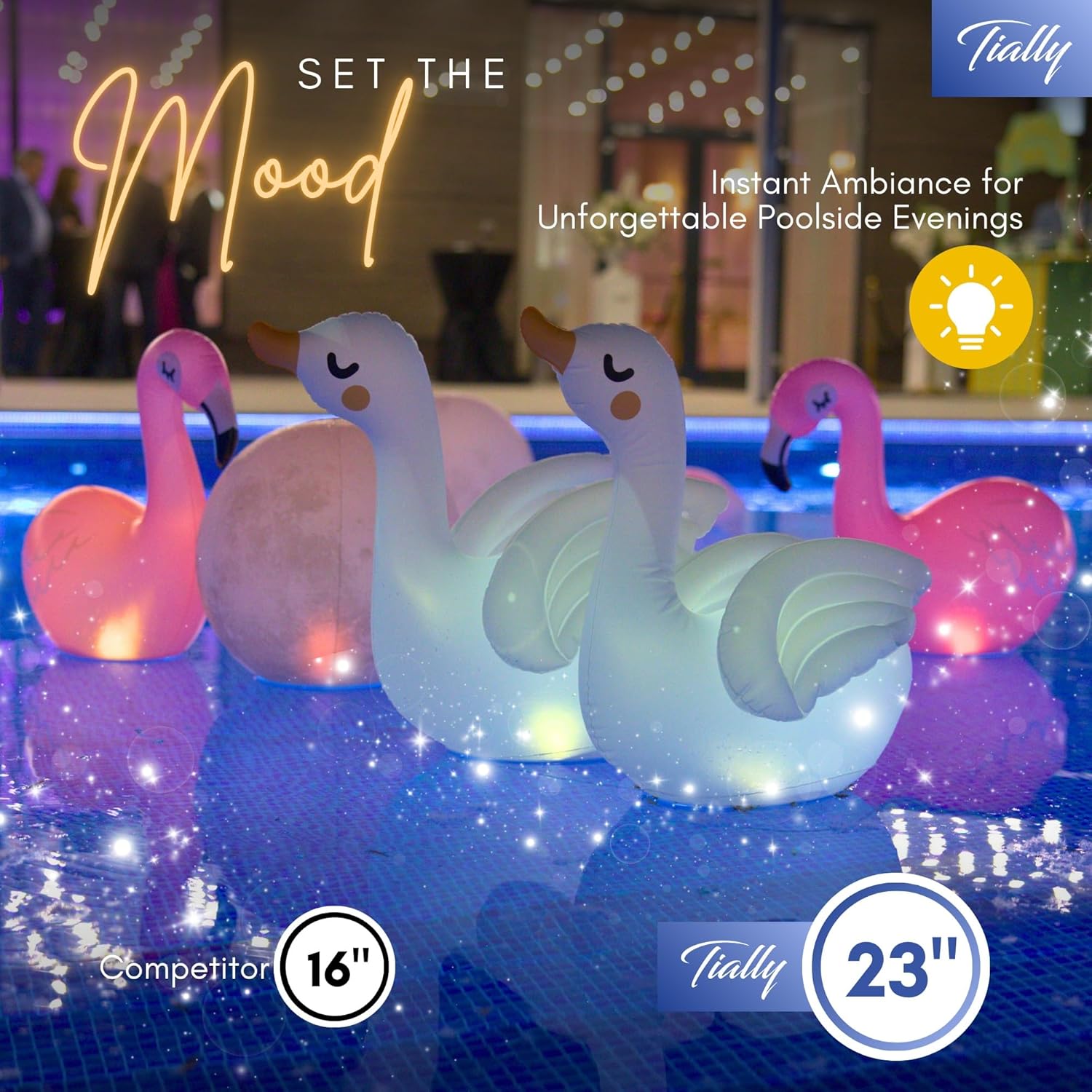 TIALLY Floating Pool Lights Solar Powered - Inflatable Solar Pool Lights, IP68 Waterproof Decor Float, Flamingo and Swans Decorations for Outdoor Use, for Women, Men, Adults