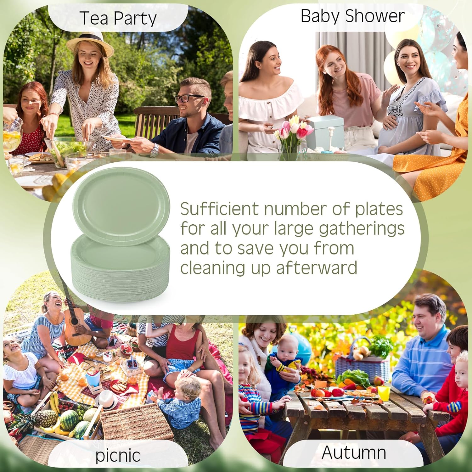 Hsei 100 Pcs Disposable Oval Paper Plates 10'' x 12'' Large Spring Tea Party Plates Baby Shower Paper Platters Bulk Supplies(Sage Green,spring Tea Party) - Image 3