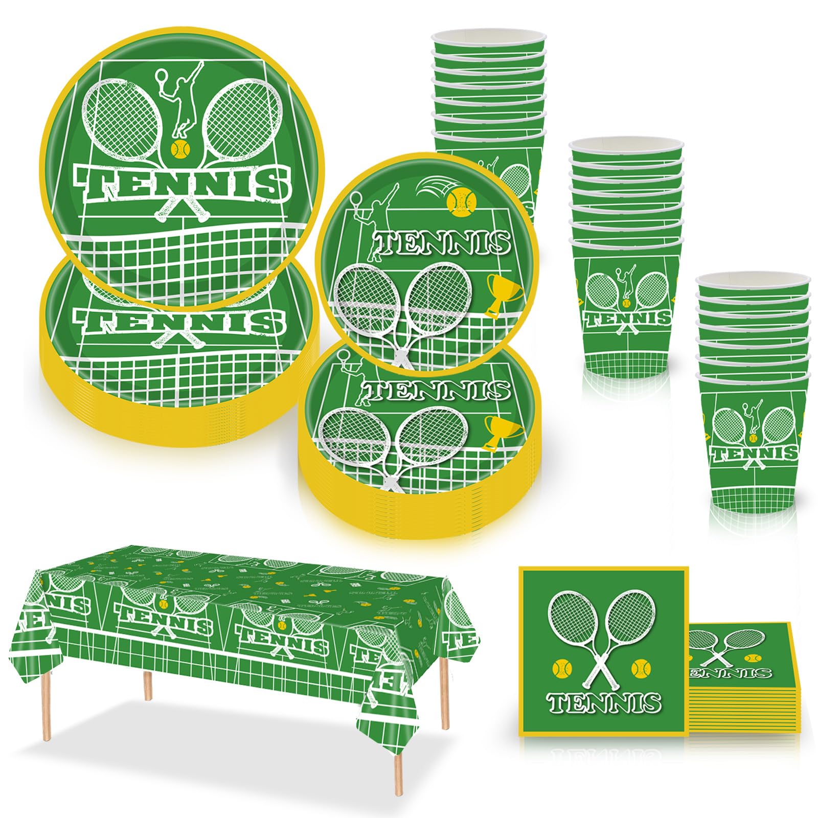 69pcs Green Tennis Party Tableware Disposable Dinnerware Set,Tennis Birthday Party Tableware Decor Plastic Tablecloth,Paper Plates Napkins and Cups for 16Guest Tenni Team Sport Party Table Decorations
