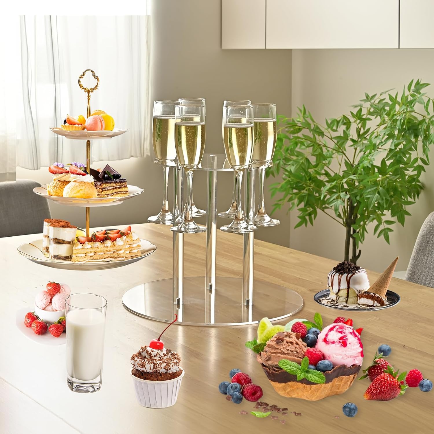 Champagne Tower, Circle Acrylic Drink Tower and Cocktail Tree Stand, Wine Rack with 12 Slots, 2 Tiers Floating Sight Champagne Flute Holder for Party, Wedding, School, Celebration, 11.8x11.8x14.9 inch, 2Pcs