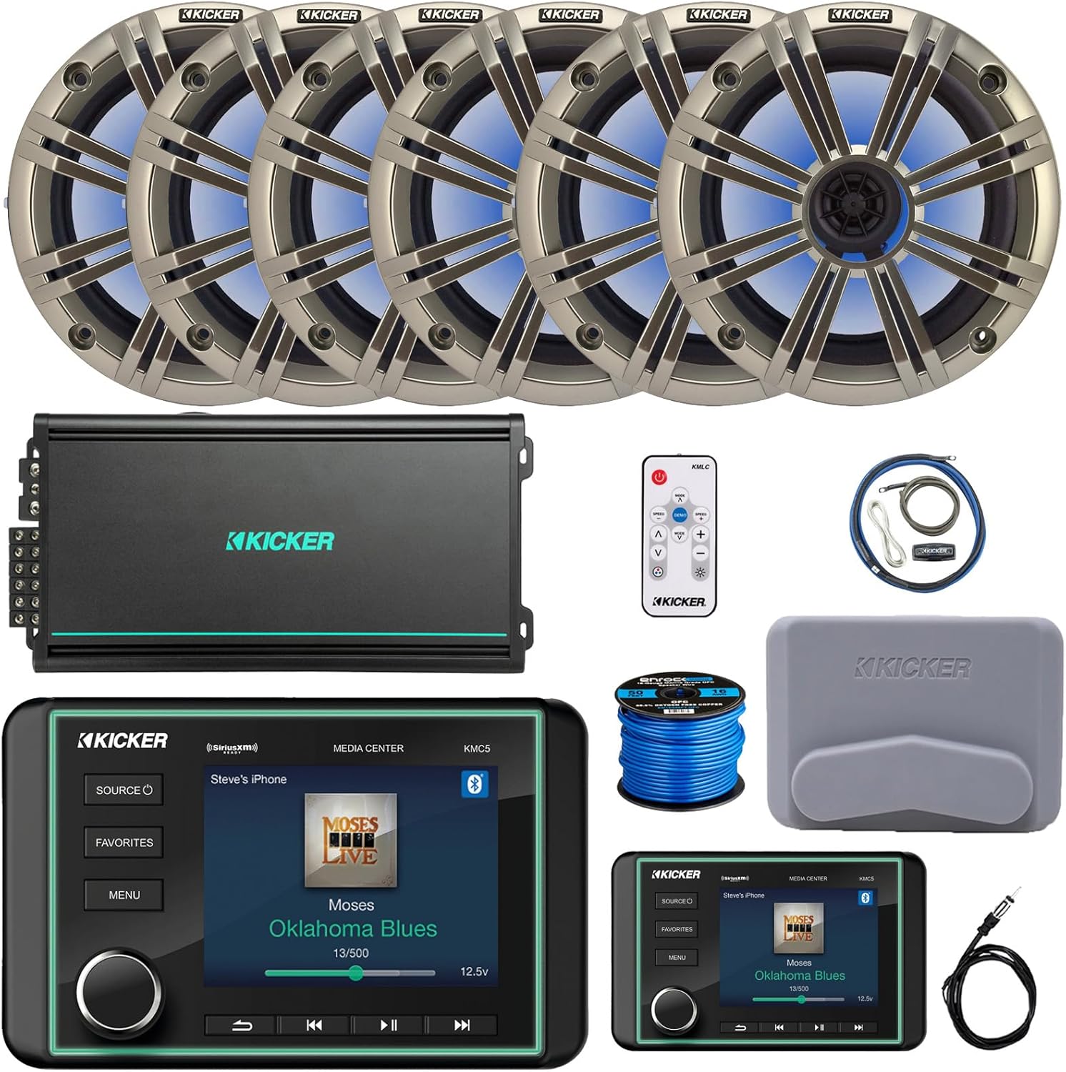Kicker KMC5 3.5" Marine Bluetooth USB/AUX AM/FM Radio Gauge Style Receiver W/Controller, 6X 6.5 195W Max RGB LED Speakers W/Silver Grilles + LED Controller, 6-Channel Amplifier W/Kit, Antenna, Wire