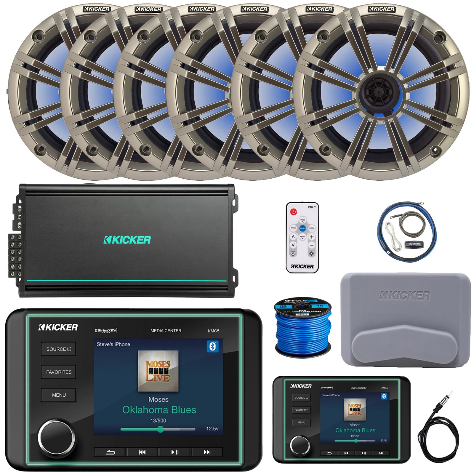 Kicker KMC5 3.5" Marine Bluetooth USB/AUX AM/FM Radio Gauge Style Receiver W/Controller, 6X 6.5 195W Max RGB LED Speakers W/Silver Grilles + LED Controller, 6-Channel Amplifier W/Kit, Antenna, Wire