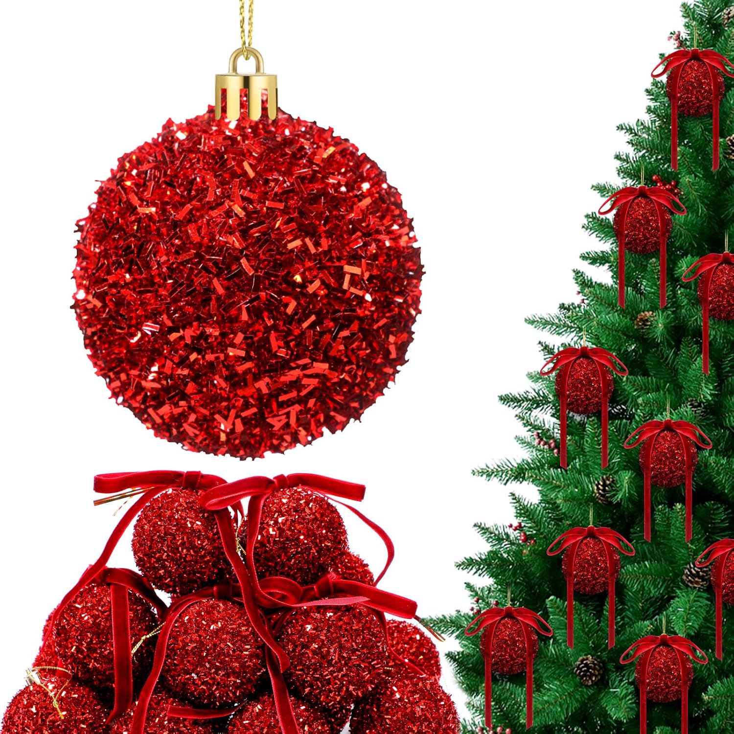 Wesiti 24 Sets 2.6 Inch Red Glitter Christmas Ball Ornament Set 24 Sparkly Shatterproof Tinsel Ball Ornament with 24 Bow Sequin Hanging Xmas Tree Decoration Indoor Outdoor for Xmas Wedding Decor