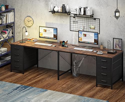 Miniatura 5 de TVU Escritorio para 2 personas de 95" con 8 cajones, escritorios grandes para escribir de oficina en casa con enchufes, estación de trabajo en forma