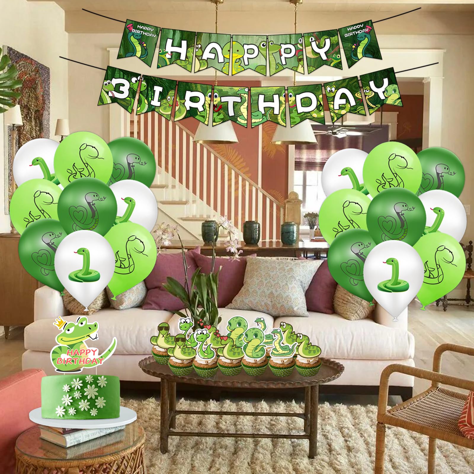 Obussgar Snake Birthday Party Decorazioni – Snake Party accessori tra cui sfondo, piatto, topper per torte, tazza, tovagliolo, palloncino, tovaglia – 20 persone (BJ