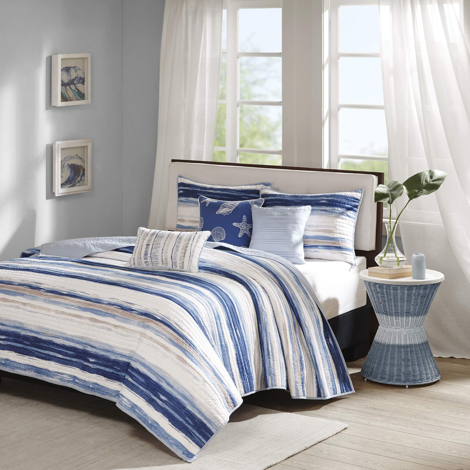 Madison Park MP13-2425 Marina 6 Piece Quilted Coverlet Set, Full/Queen, Blue