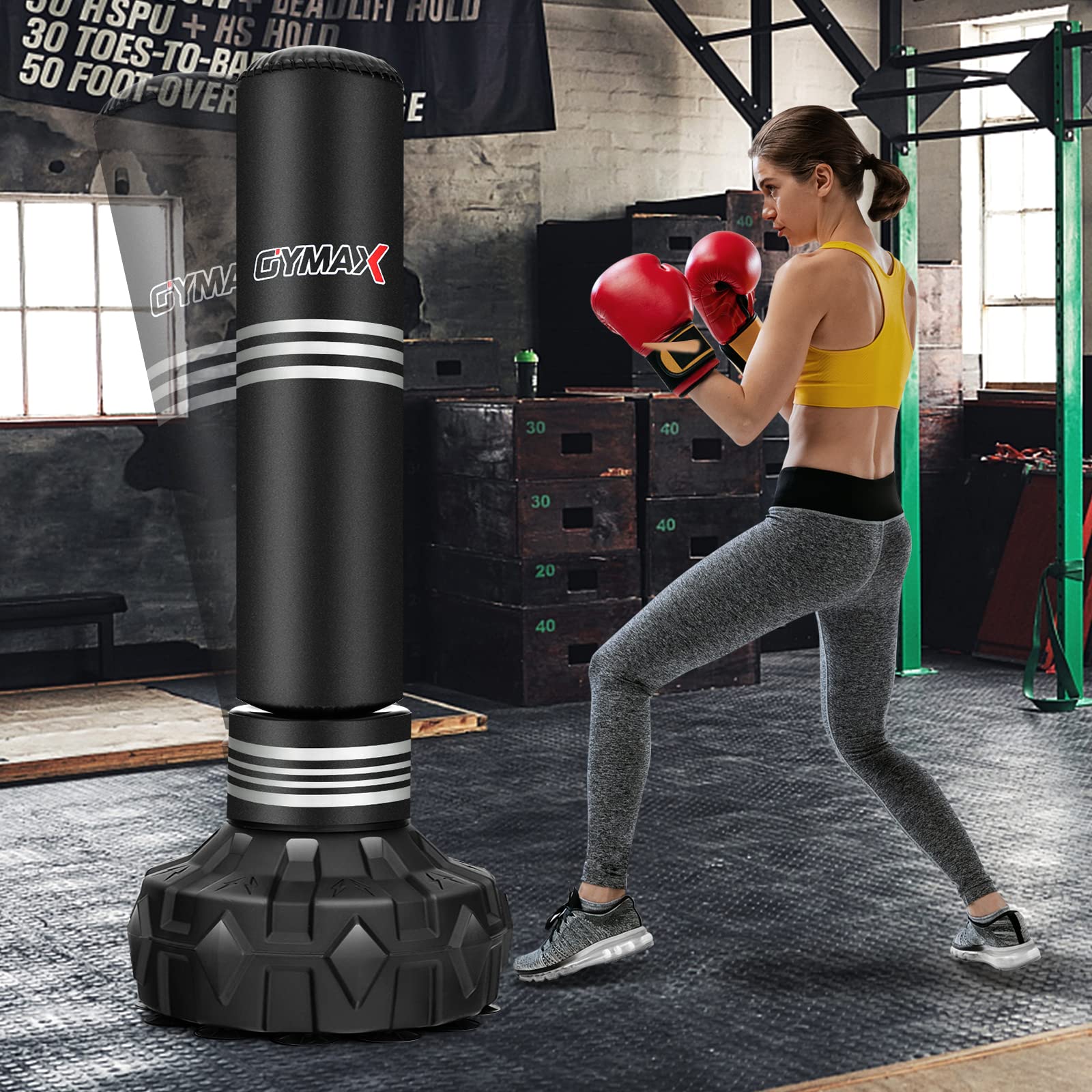 GYMAX Boxsack Stehend Erwachsene Jugendliche, 170 cm Freistehender Standboxsack mit auffüllbarer Saugnapf-Basis, Punching Bag für Muay Thai, MMA, Boxtraining