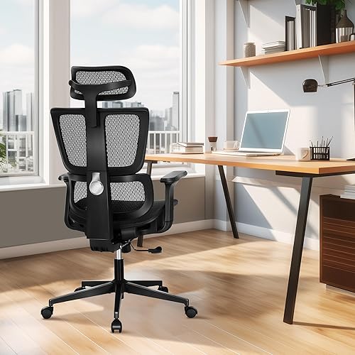 ALPHA HOME Silla de escritorio de oficina, silla ergonómica de malla para computadora con reposapiés, altura ajustable, reposacabezas y reposabrazos