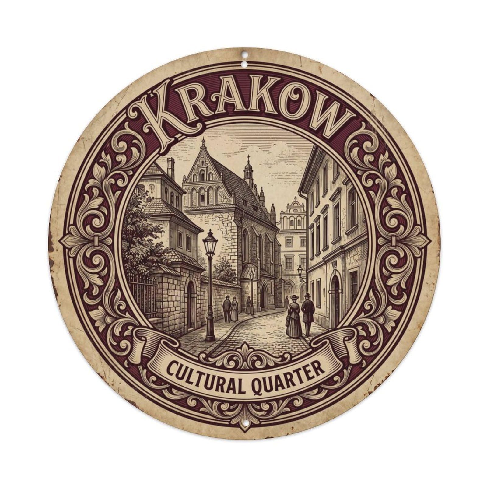 Vintage Travel Krakow Poland Quarter Metal Tin Sign Plaque Wall Decor for Cafe, Club, Garden Round Metal Poster 8x8Inch