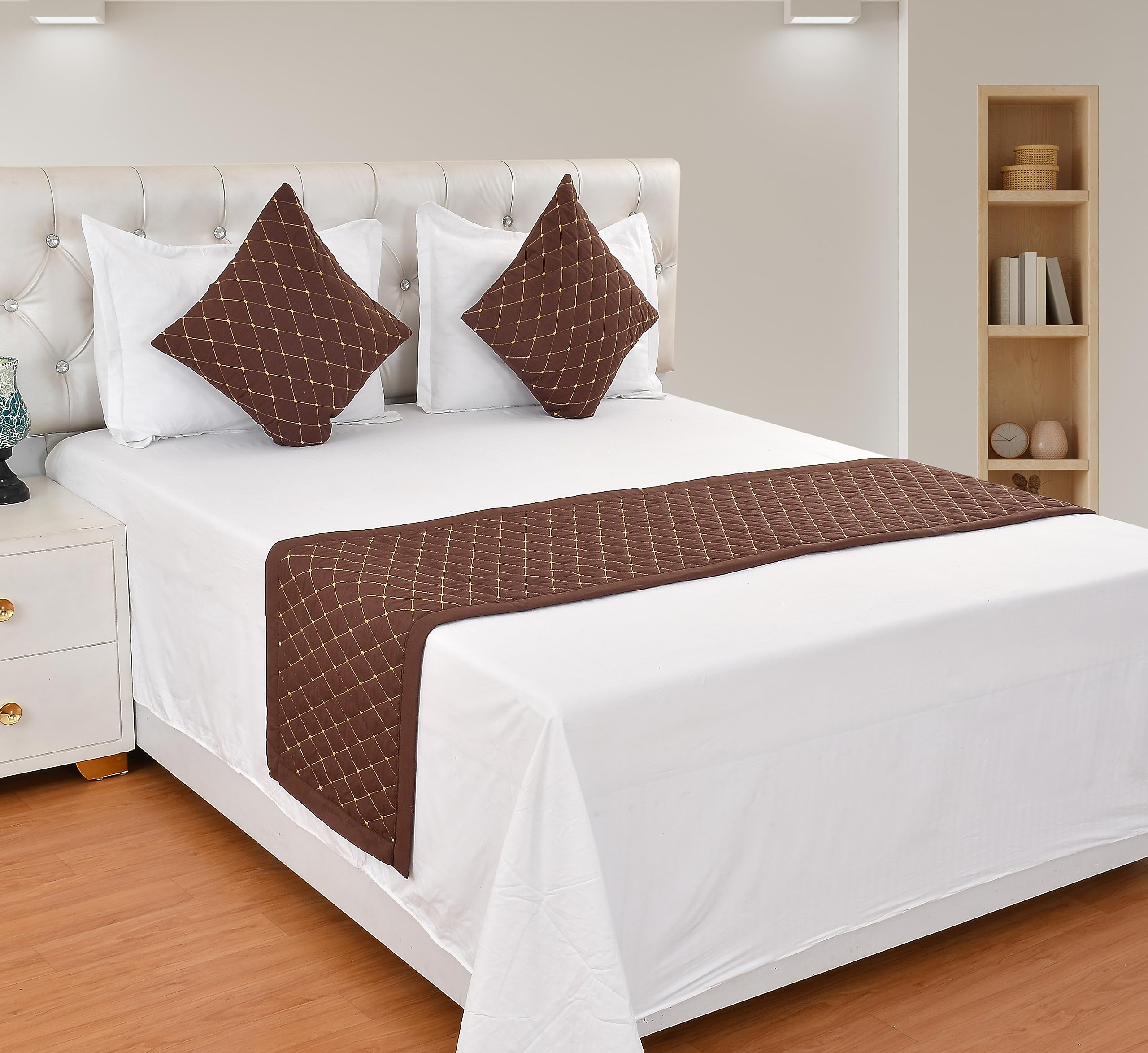 AASHIYANA SAJONA Quilted Double Bed Runner, 20 X 100 Inch with Matching 2 Cushion Covers, 16 x 16 Inches Perfect for Bedroom, Hotel or Guest Rooms Bedding (Brown)
