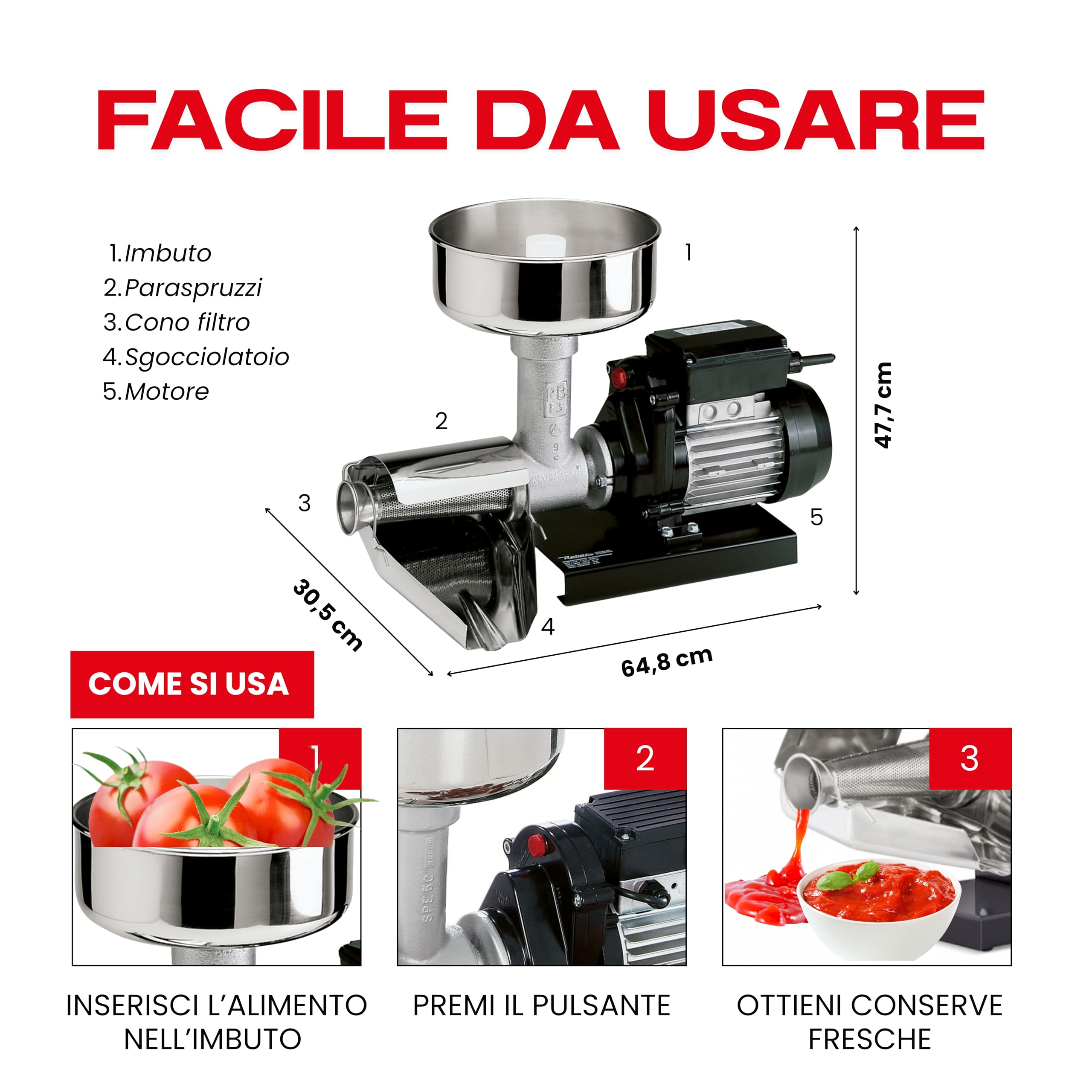 Reber Spremipomodoro Elettrico N.5 500W per Salsa di Pomodoro e Conserve | per Marmellate e Succhi di Frutta, Produzione fino a 340 Kg/h, Accessori in Acciaio Inox, Motore a Induzione per Uso Continuo