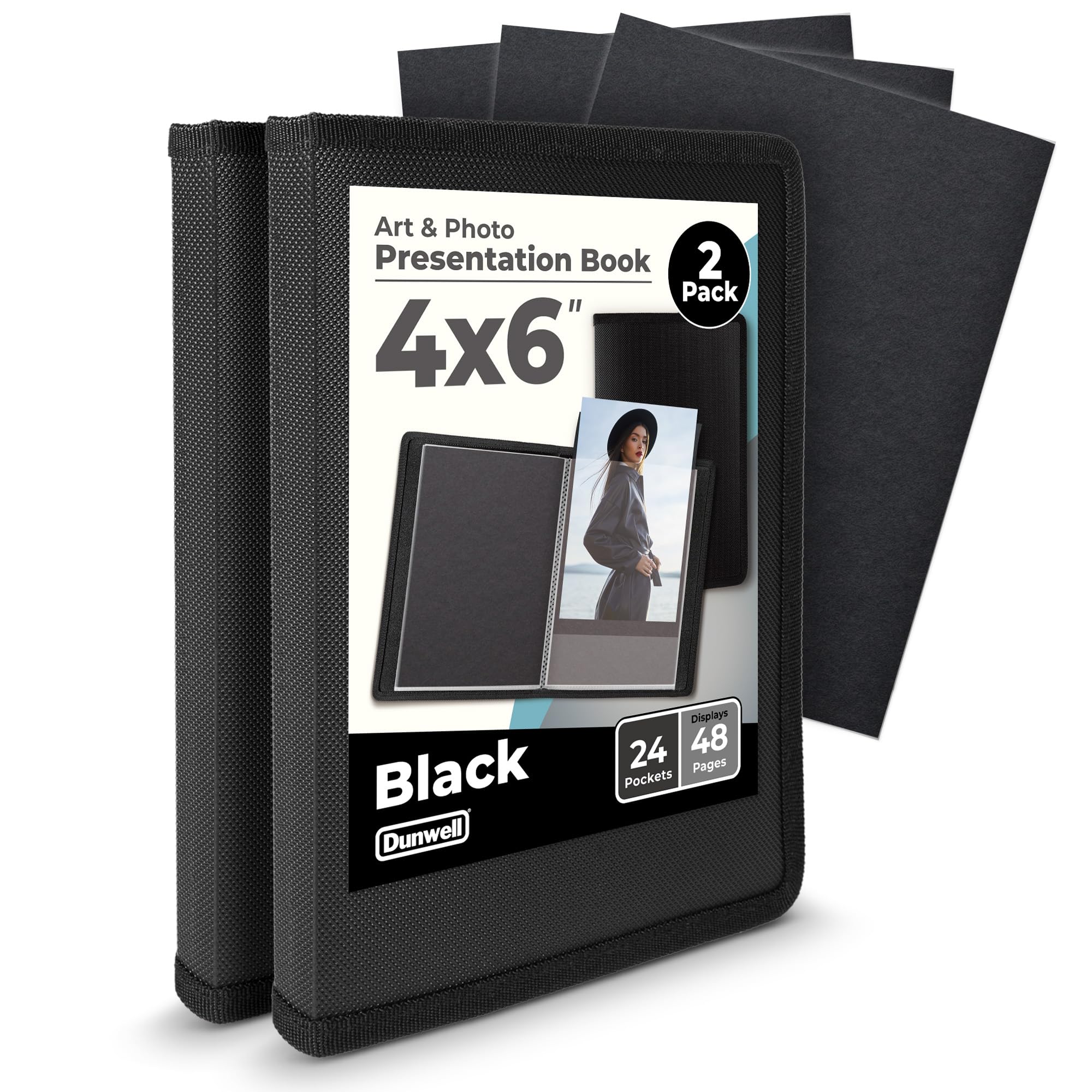 Dunwell 4x6 Photo Album (2-Pack, Black), Mounting Paper, Small 4 x 6 Art Portfolio Presentation Binder, 24 Clear Sleeves Show 48 Pages, Professional Picture Book for Artwork, Postcards