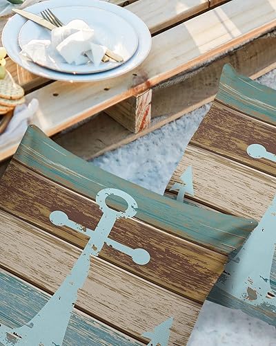 Miniatura 2 de Funda de almohada para exteriores, diseño de ancla verde azulado en tabla de madera de granja, fundas de cojín impermeables, paquete de 2 fundas de