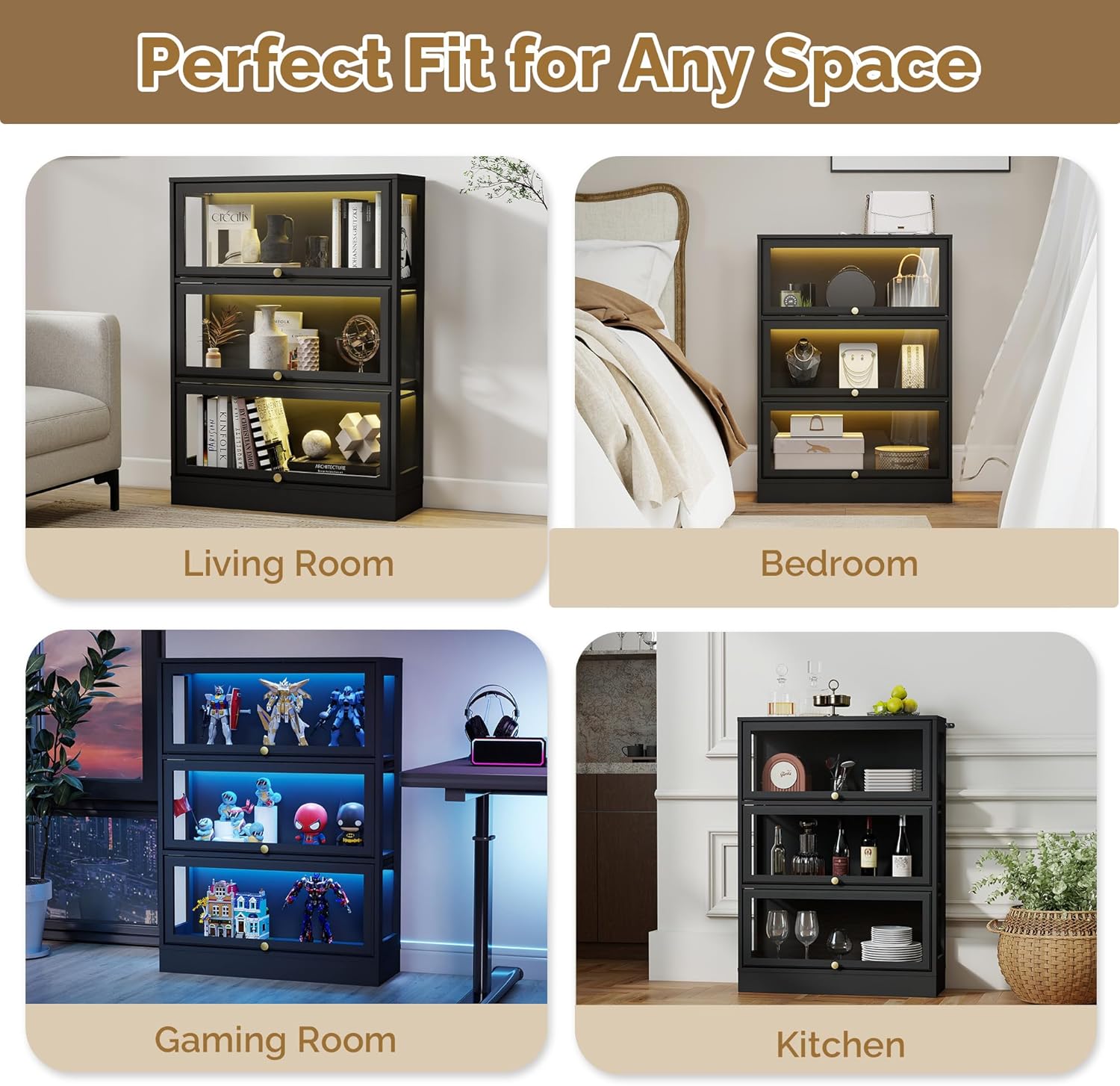 Display Cabinet with Acrylic Glass Doors,3-Tiers Curio Cabinet with LED Lighting for Collectibles, Collectibles Toy Organizers Rack & Display Shelf Display Case Storage Cabinet, Black