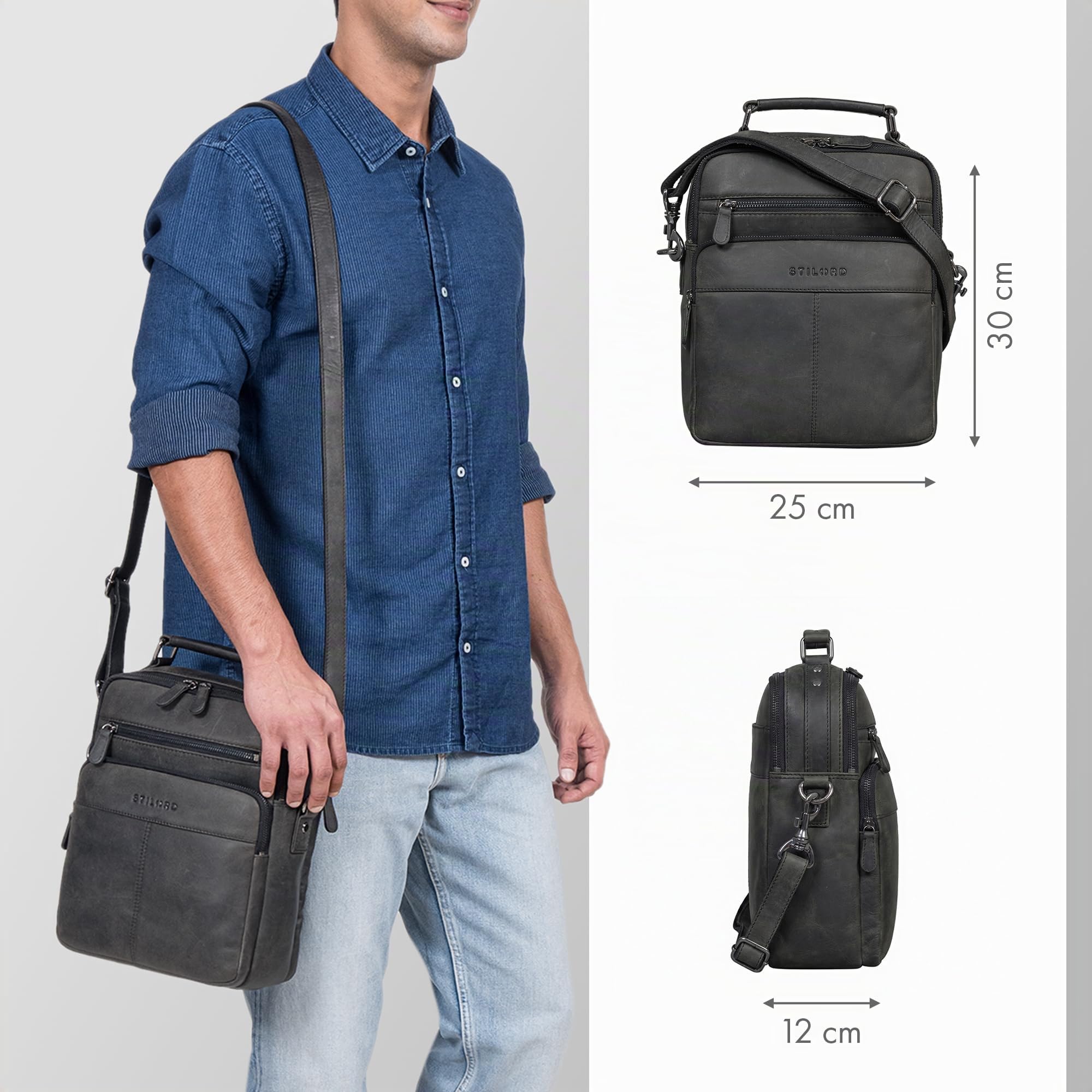 STILORD 'Joe' Bolso de Moda para Hombre Cuero Bolsos de Hombro de Cuero auténtico para Estudiante Tablet Piel Auténtica Mensajero, Color:Carbon - Gris