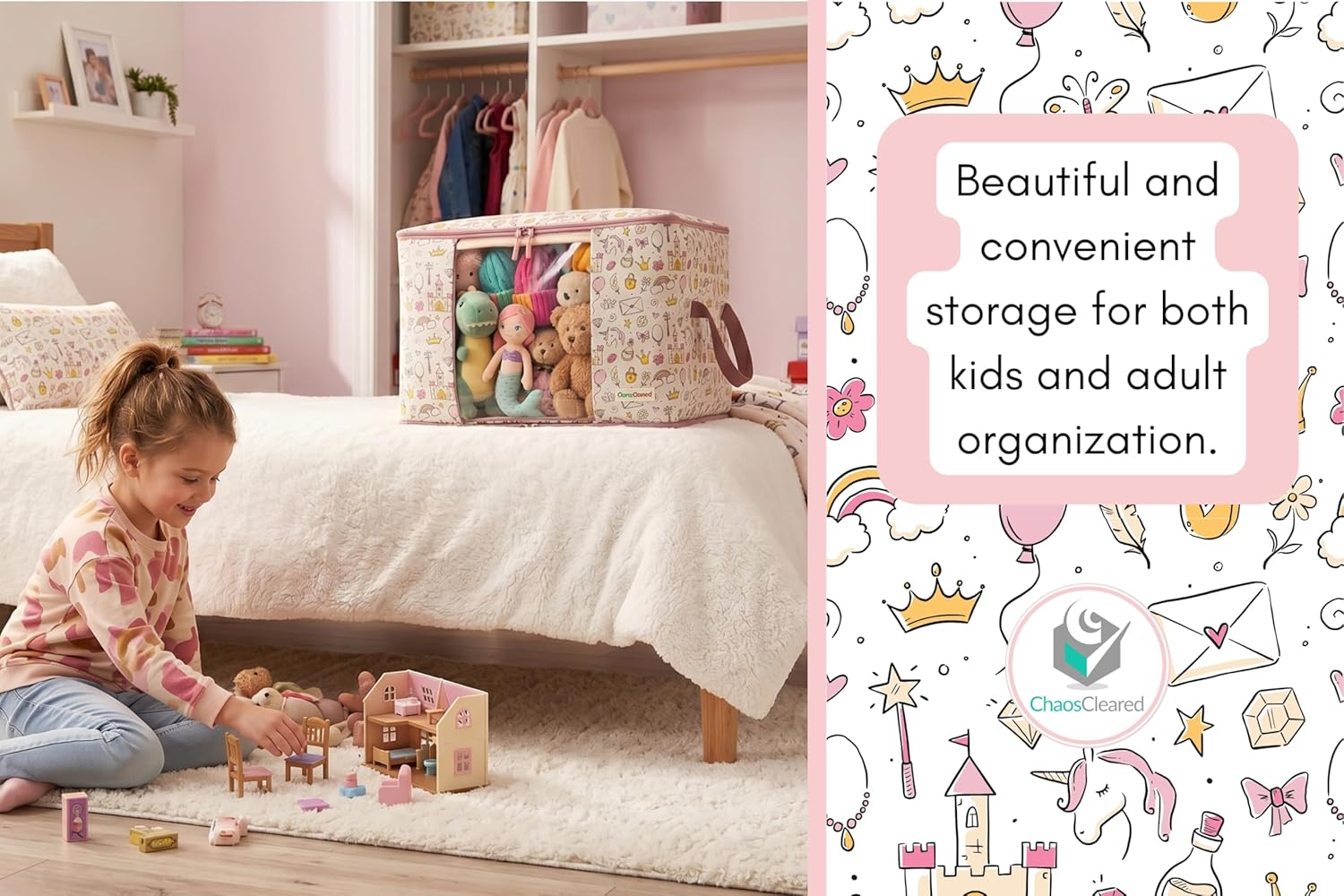Chaos Cleared Kids Storage Bags – 100% Cotton Canvas Toy & Clothes Organizer with Cute Design – Storage Bin for Stuffed Animals, Baby Items & Clothes with Zipper & Handles (Unicorn Girl Print)