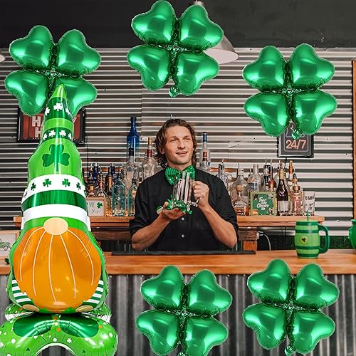 Miniatura 4 de Juego de 11 globos de decoración del día de San Patricio, globos gigantes en forma de gnomo de pie, globos de papel de aluminio de trébol verde para