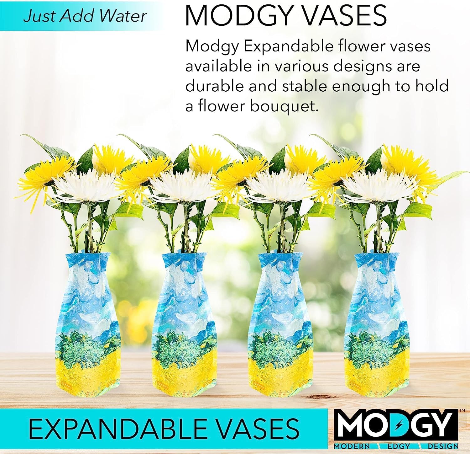 MODGY Expandable Flower Vase, Plastic Decorative Modern Foldable Printed Vases for Centerpieces for Wedding, Dining Table, Home Decor, Living Room, Bathroom, Wheat Field, Vincent Van Gogh, 4 Pack