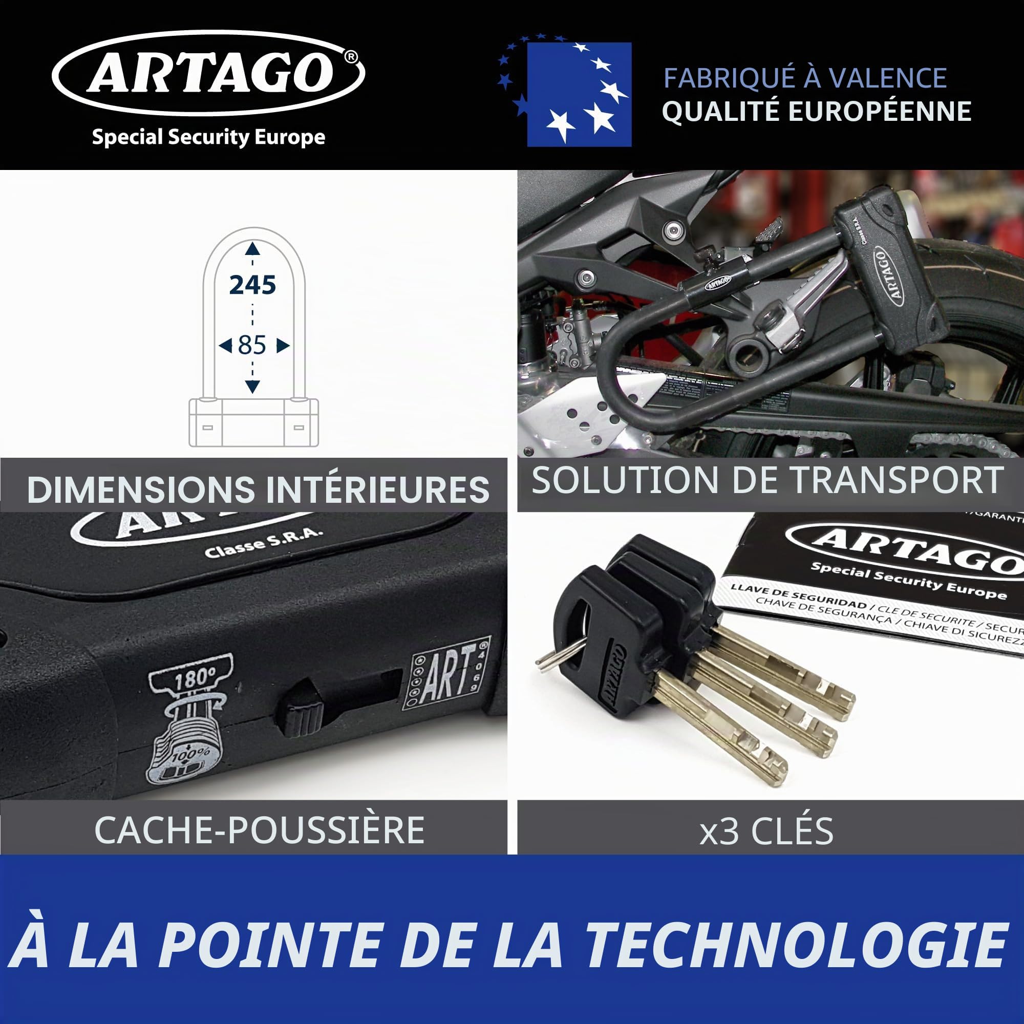 Artago 18ART270 Antivol U Moto Haut de Gamme Homologué SRA, Sold Secure Gold, ART4, BUNKER SELECTION, Acier Trempé ø18mm, Double Système de Verrouillage MRT Blindé, 85x245mm, Cadenas en U pour Moto