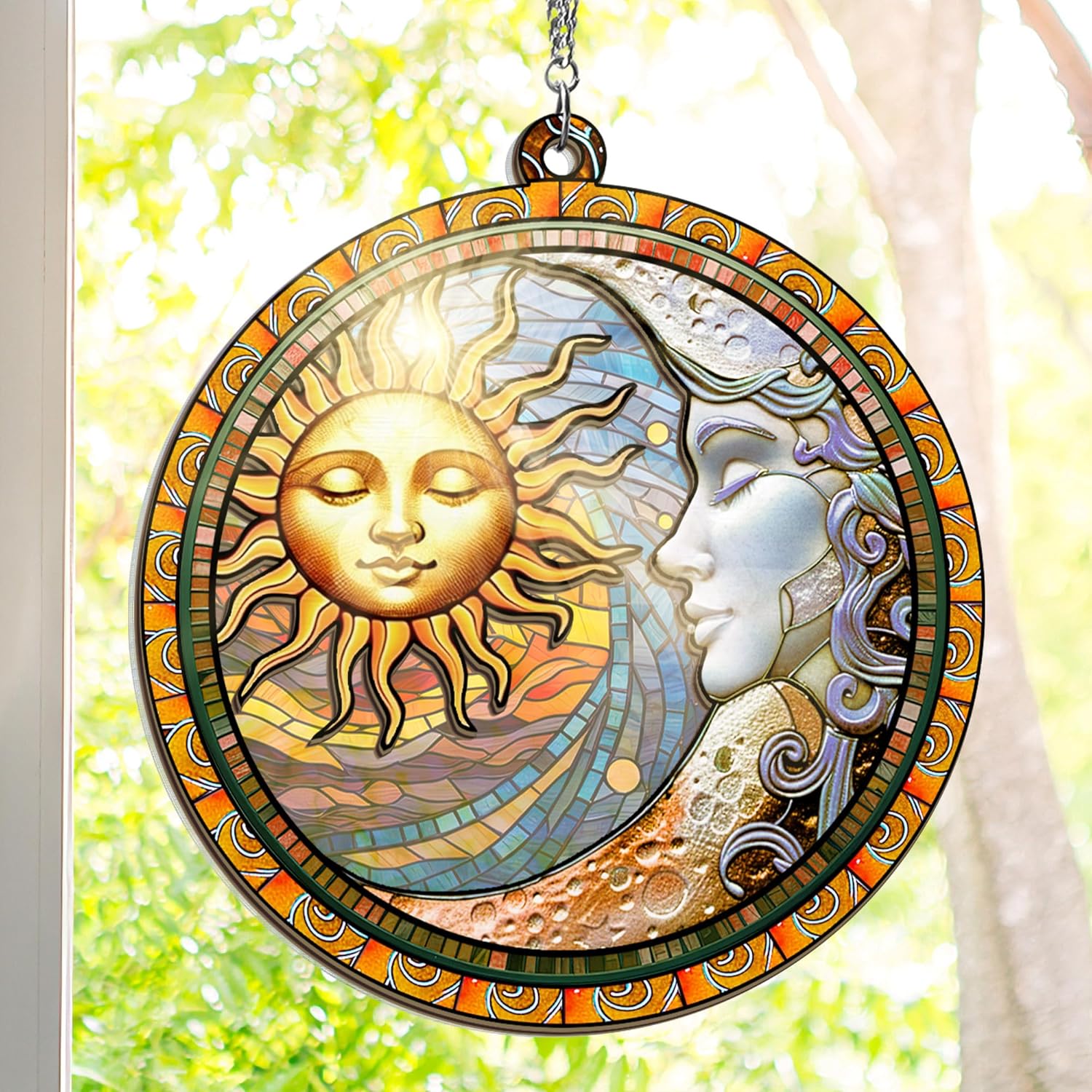 OASSIE Spiritual Gifts for Men Women - Double Layered Hanging Suncatcher 6 in - Sun and Moon Decorations, Birthday Gifts for Mom Dad Family, Friend, Celestial Boho Home Décor