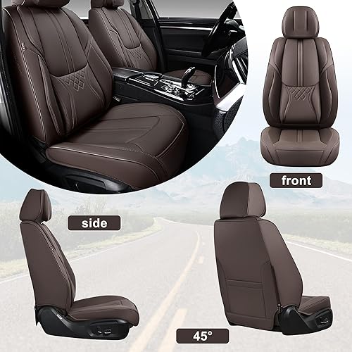 Miniatura 8 de Juego completo de fundas de asiento de coche marrones, fundas de asiento delantero y trasero, 5 piezas, protectores universales de cuero sintético