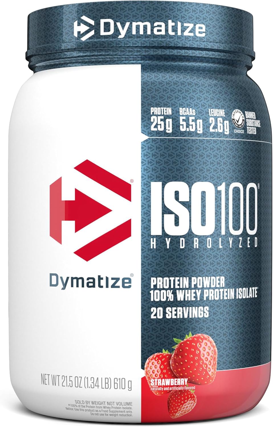 Dymatize ISO100 Whey Protein Powder Isolate, Strawberry, 25g of Protein, 20 Servings, 5.5g BCAAs, Less Than 120 Cal., Gluten Free, 1g Fat, 1g Sugar, 2g Carb protein powder by Dymatize