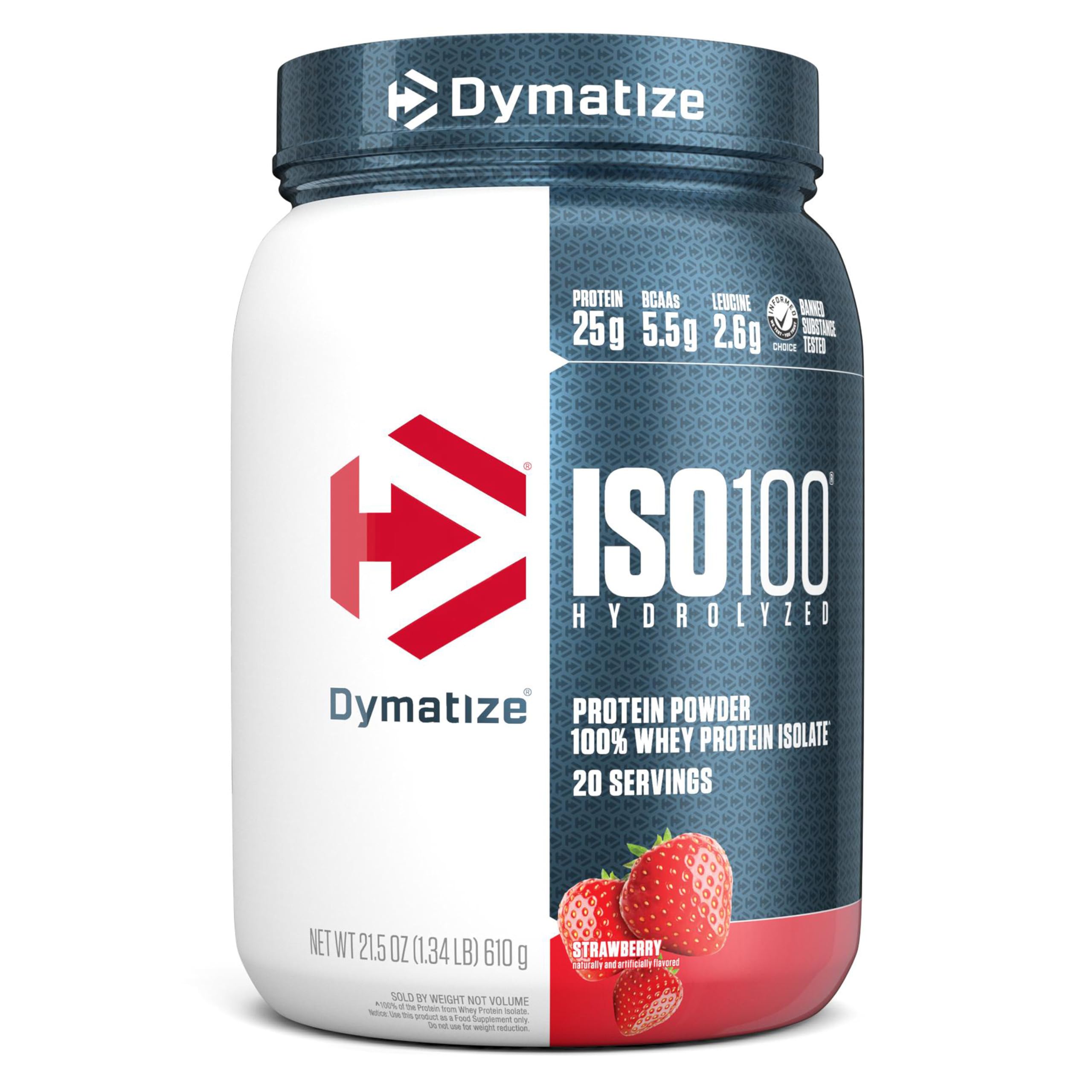 Dymatize ISO100 Whey Protein Powder Isolate, Strawberry, 25g of Protein, 20 Servings, 5.5g BCAAs, Less Than 120 Cal., Gluten Free, 1g Fat, 1g Sugar, 2g Carb
