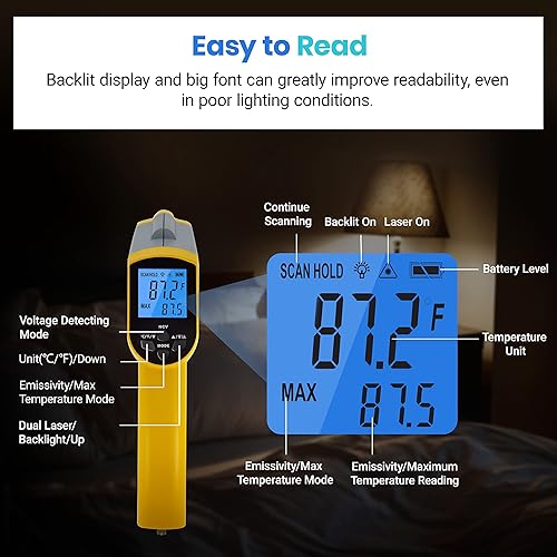 Vista 69 de Termómetro infrarrojo digital láser Etekcity Lasergrip 800, pistola de temperatura sin contacto -58 ℉-1382 ℉ (-50 ℃ a 750 ℃), termómetro de lectura