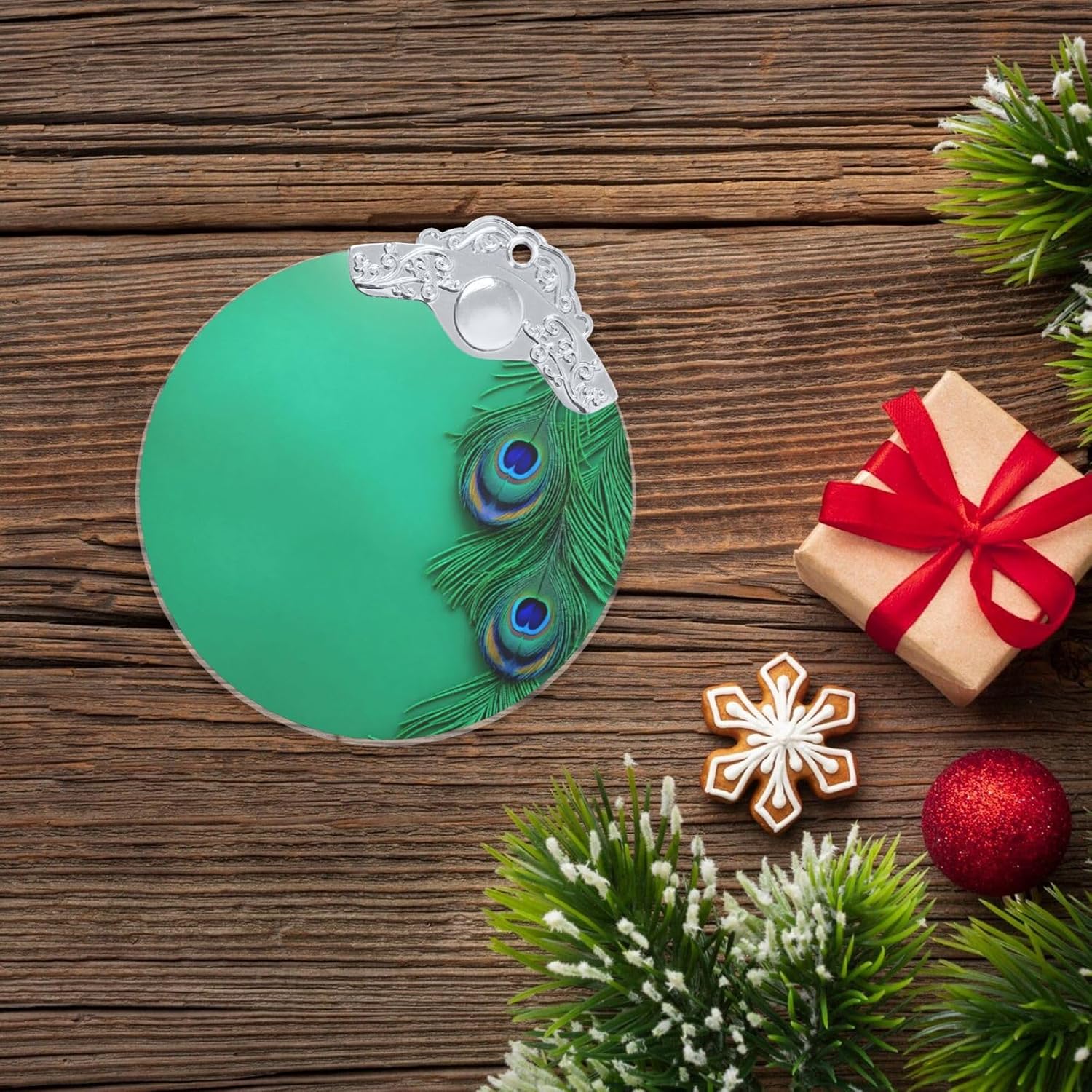 Green Peacock Feather Print Round Handmade Glass Pendant,Anniversary Present and Creative Indoor Decoration for Holidays image 5
