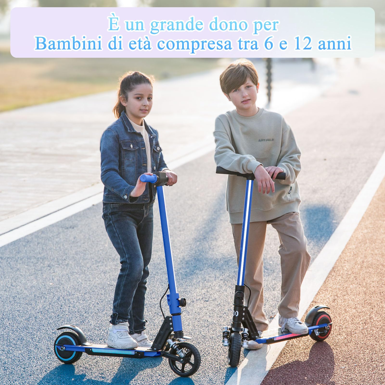 Monopattino elettrico per bambini, 6-12 anni, motore 130W, velocità max 14 km/h, autonomia 8 km, luci LED colorate, design pieghevole, monopattino sicuro per ragazzi e ragazze