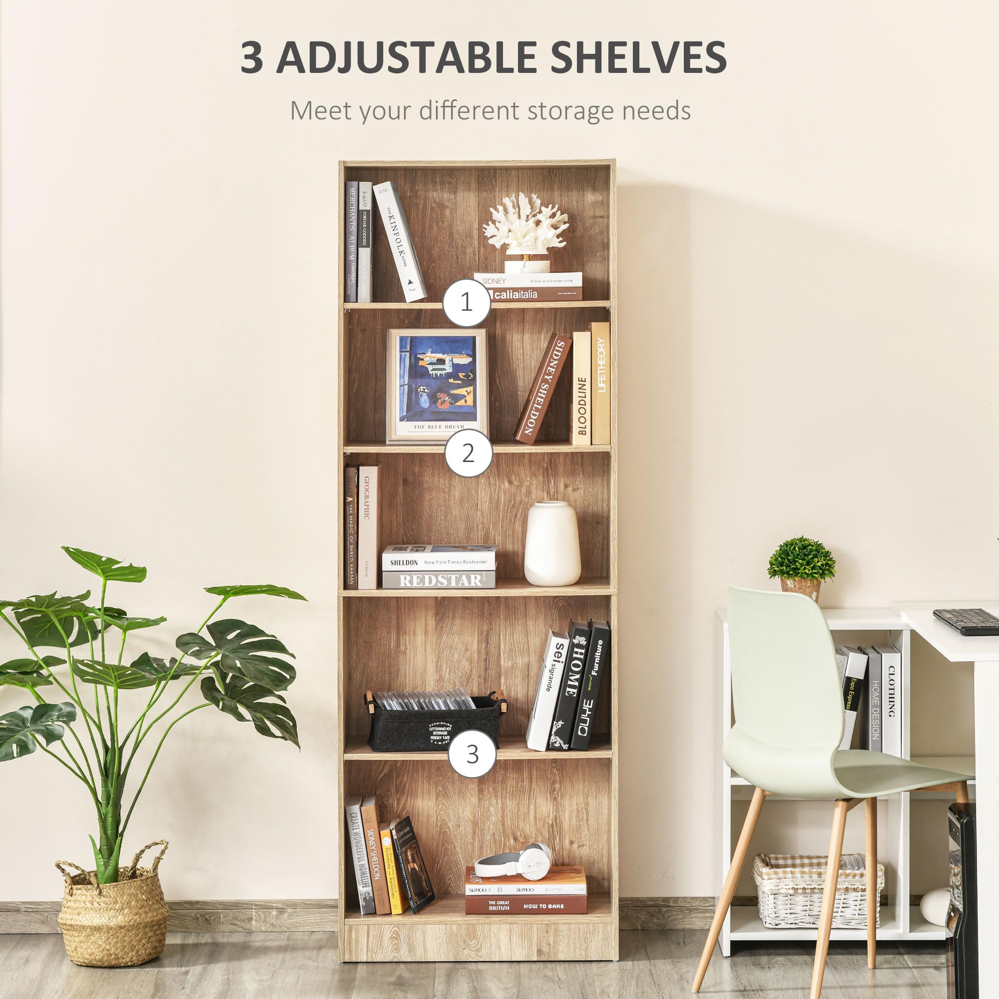 HOMCOM Librería Estantería de 5 Niveles para Libros con 3 Baldas Ajustables Antivuelco Almacenaje para Salón Oficina Estudio 63x29,5x176 cm Madera Natural