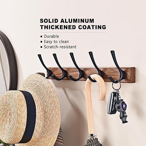Miniatura 3 de LECHYN Perchero pequeño de madera de nogal de 17.3 pulgadas con 5 ganchos, colgador de madera resistente para colgar en la puerta para entrada