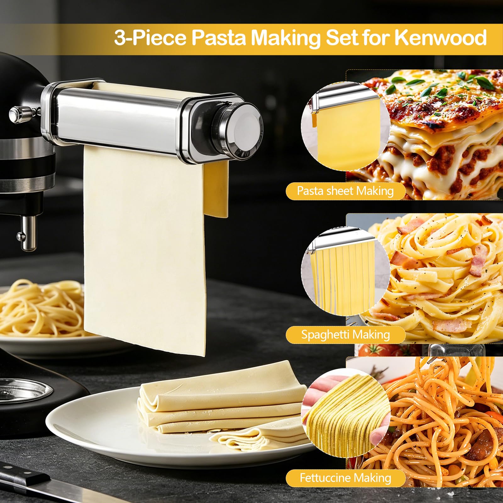 Set di accessori per la pasta, 3 pezzi, per robot da cucina Kenwood KVC/KVL, con rullo per spaghetti e fettuccine, accessorio per pasta in acciaio inox 304, con manopola, 8 spessori di impasto