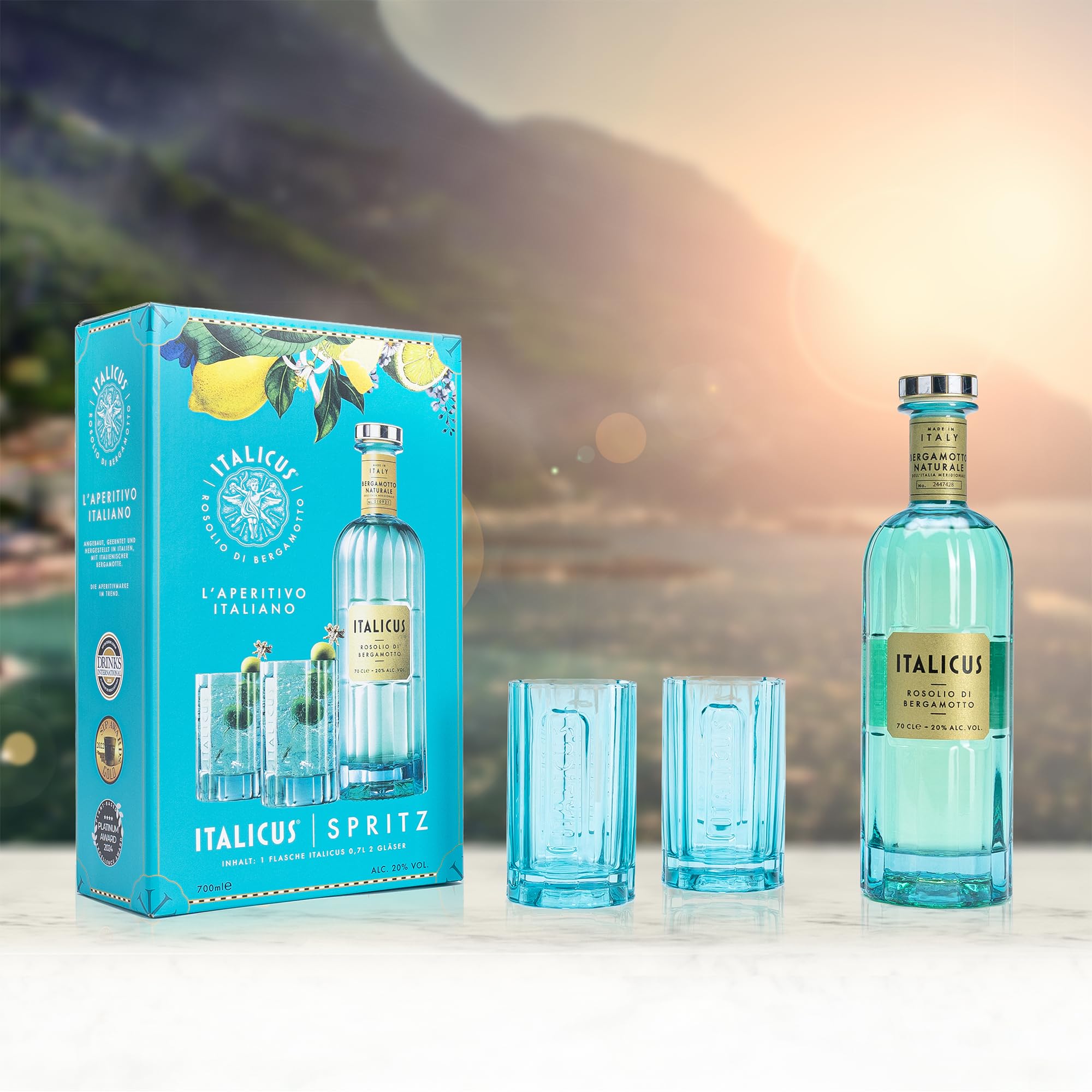 ITALICUS Rosolio di Bergamotto Likör, Geschenk-Set mit 2 Gläsern, Aperitif aus Bergamotte für Cocktails & Spritz, Premium Likör aus Italien, 1 x 0,7 L