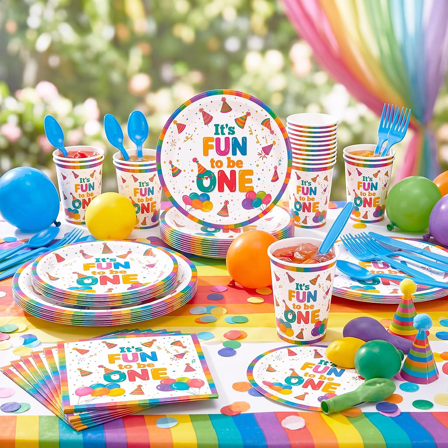 Yungyan 175 Pcs It's Fun to Be One Birthday Decorations Serve 25 One Is Fun Birthday Plates and Napkins Set Colorful Confetti 1 Year Old Party Supplies Disposable Tableware Kit