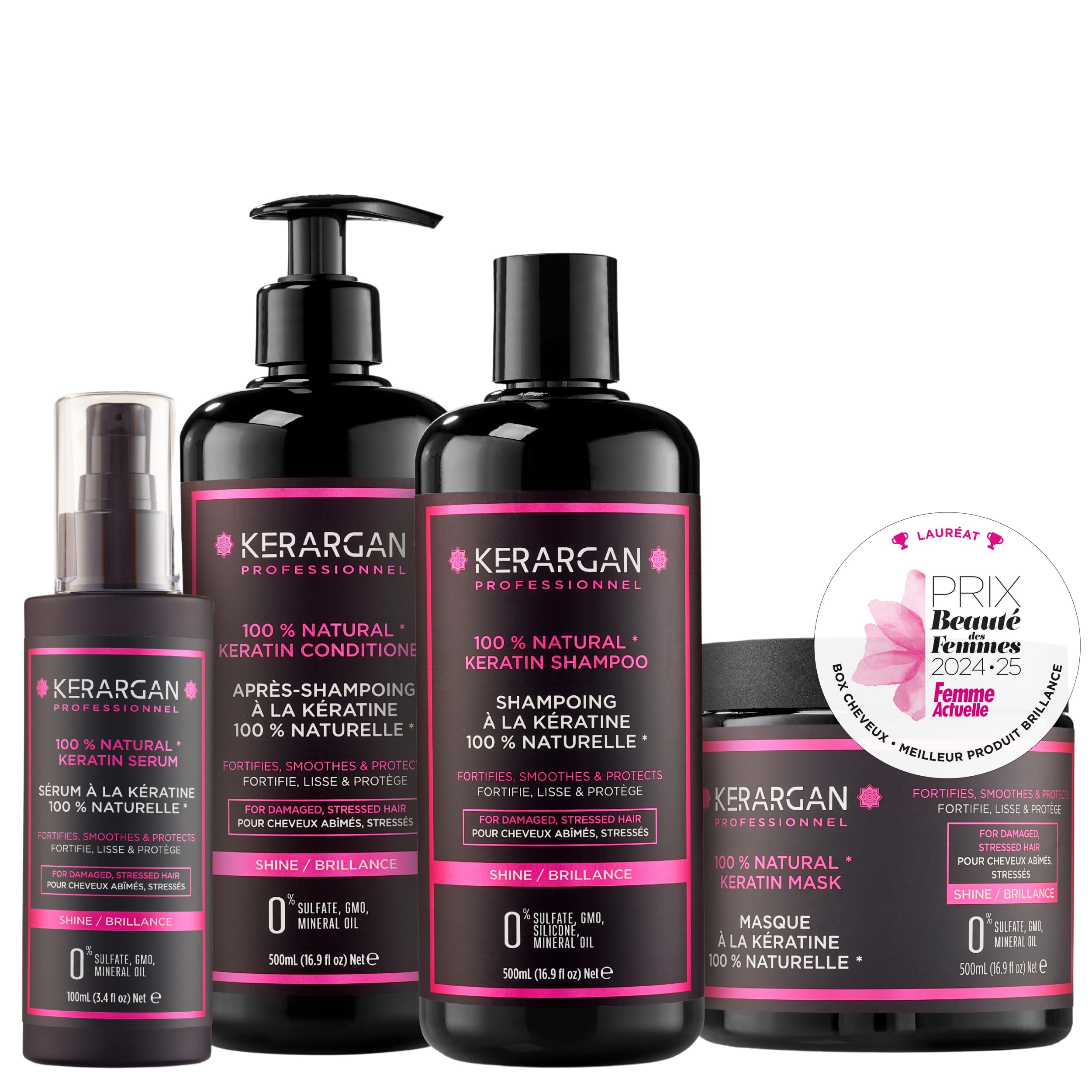 Kerargan - Ensemble Ultra Réparateur Shampoing, Après-shampoing, Masque & Sérum à la Kératine pour Cheveux Abîmés et Stressés - Revitalise & Protège - Sans Sulfate, OGM, Silicone - 3x500 ml + 100 ml