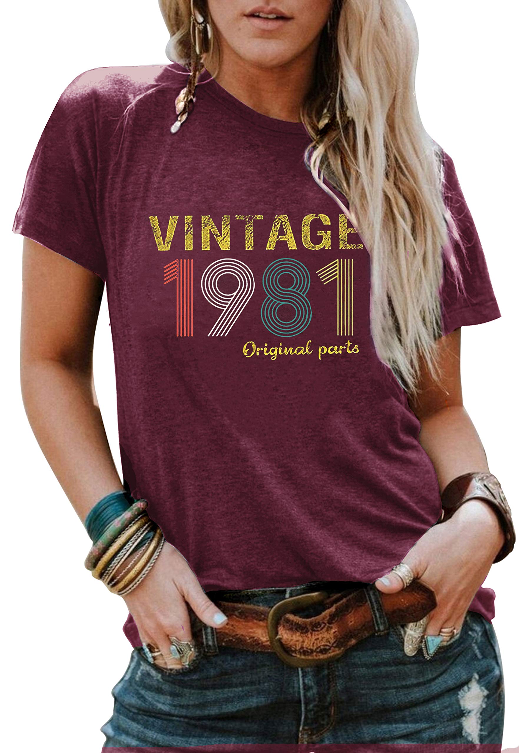 LANMERTREE40th Birthday Gift Shirts for Women Vintage 1981 Tshirt Funny Graphic T Shirts Retro Birthday Party Casual Tee Tops