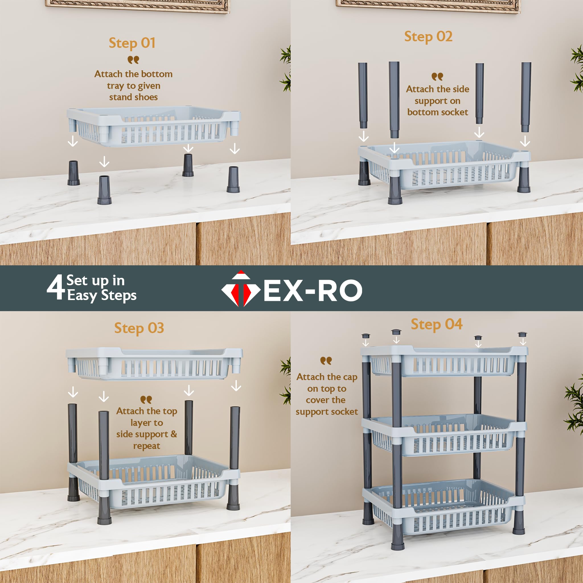 TEX-RO 3-Layer Kitchen Rack Stand/Multipurpose Rack for Storage/Vegetable Stand for Kitchen Storage Rack/Durable Kitchen Racks for Storage (Grey) - Image 4 thumbnail