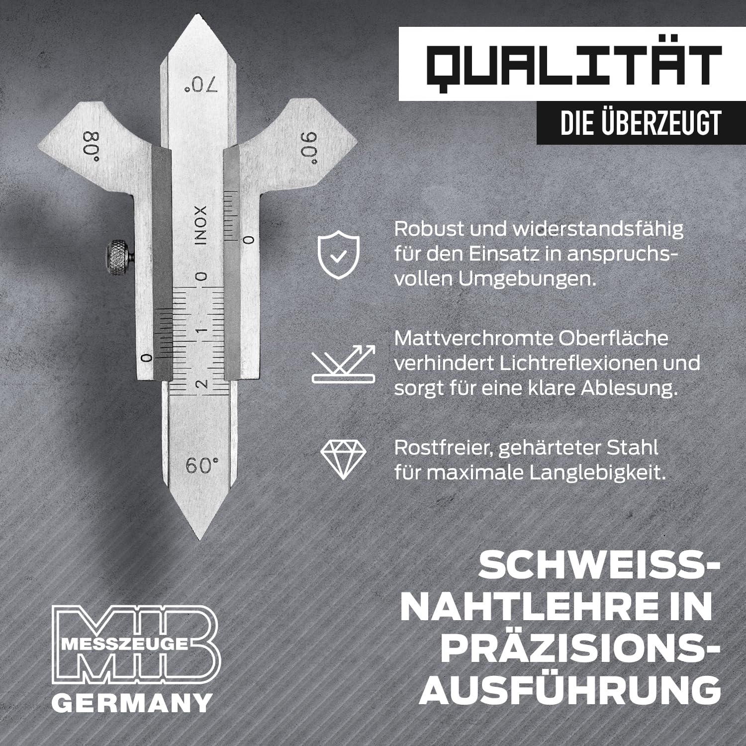 MIB Schweißnahtlehre in Präzisionsausführung, rostfrei & mattverchromt | Messgerät | Messlehre Flachschweißnähte & Ecken | Handwerkzeug | Messbereich 0-20mm | 60°, 70°, 80°, 90° Winkel | inkl. Etui
