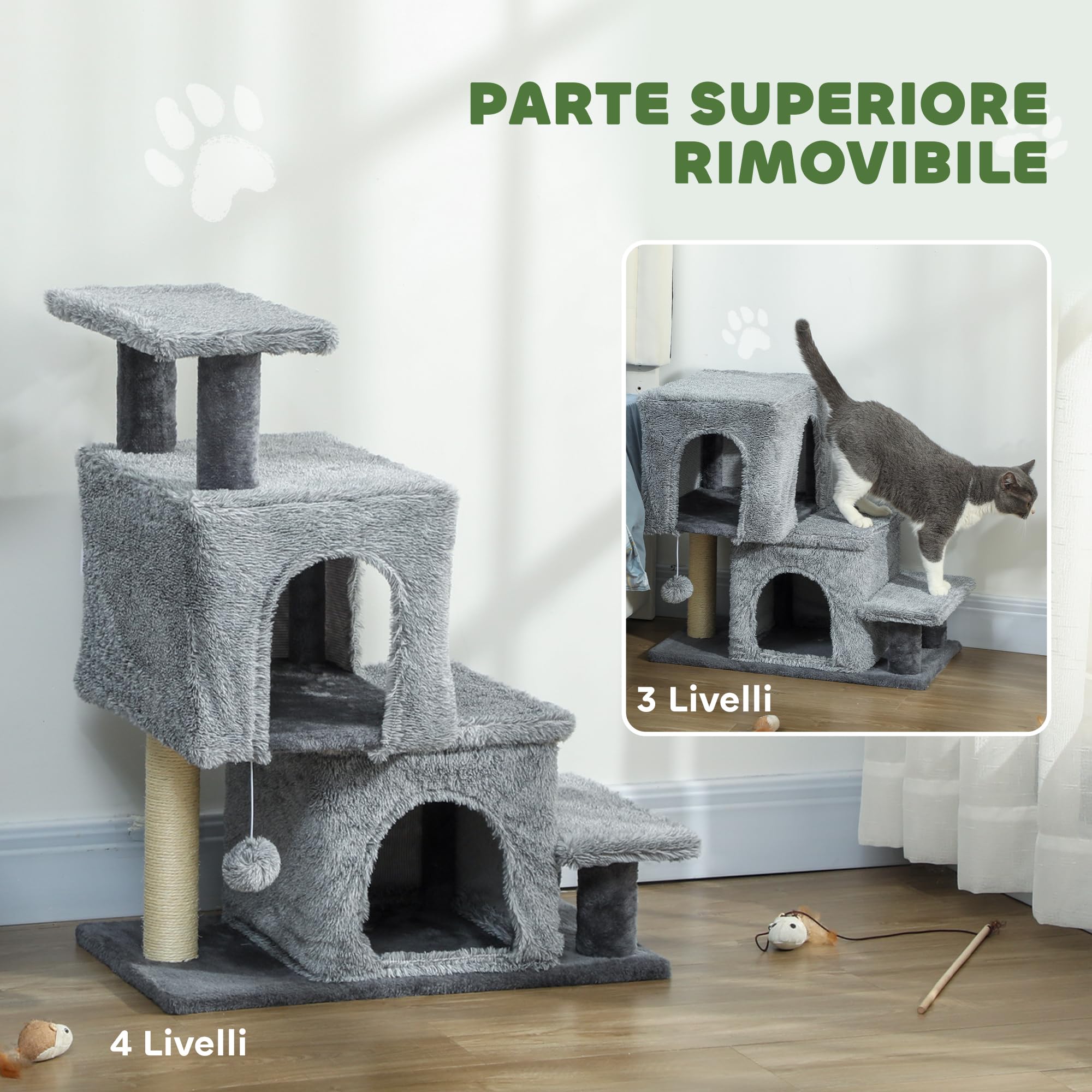 PawHut Scaletta per Gatti a 4 Gradini Regolabile in Altezza, Scalini per Gatti con 2 Casette, Palo Tiragraffi e Pallina, Scaletta per Cani e Gattini per Letto e Divano, Grigio