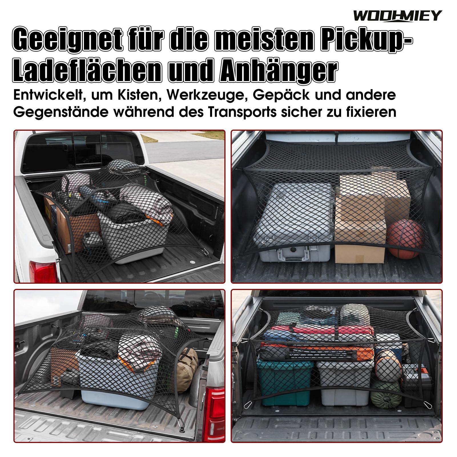Ladungssicherungsnetz Hochelastisches Gepäcknetz LKW Pritschen Netz Doppel Lage Anti Rutsch Cargo Netz für Pickup SUV Van Offroad Transport ohne Verzurren 120x120 bis 210x210 cm 6 Metallhaken